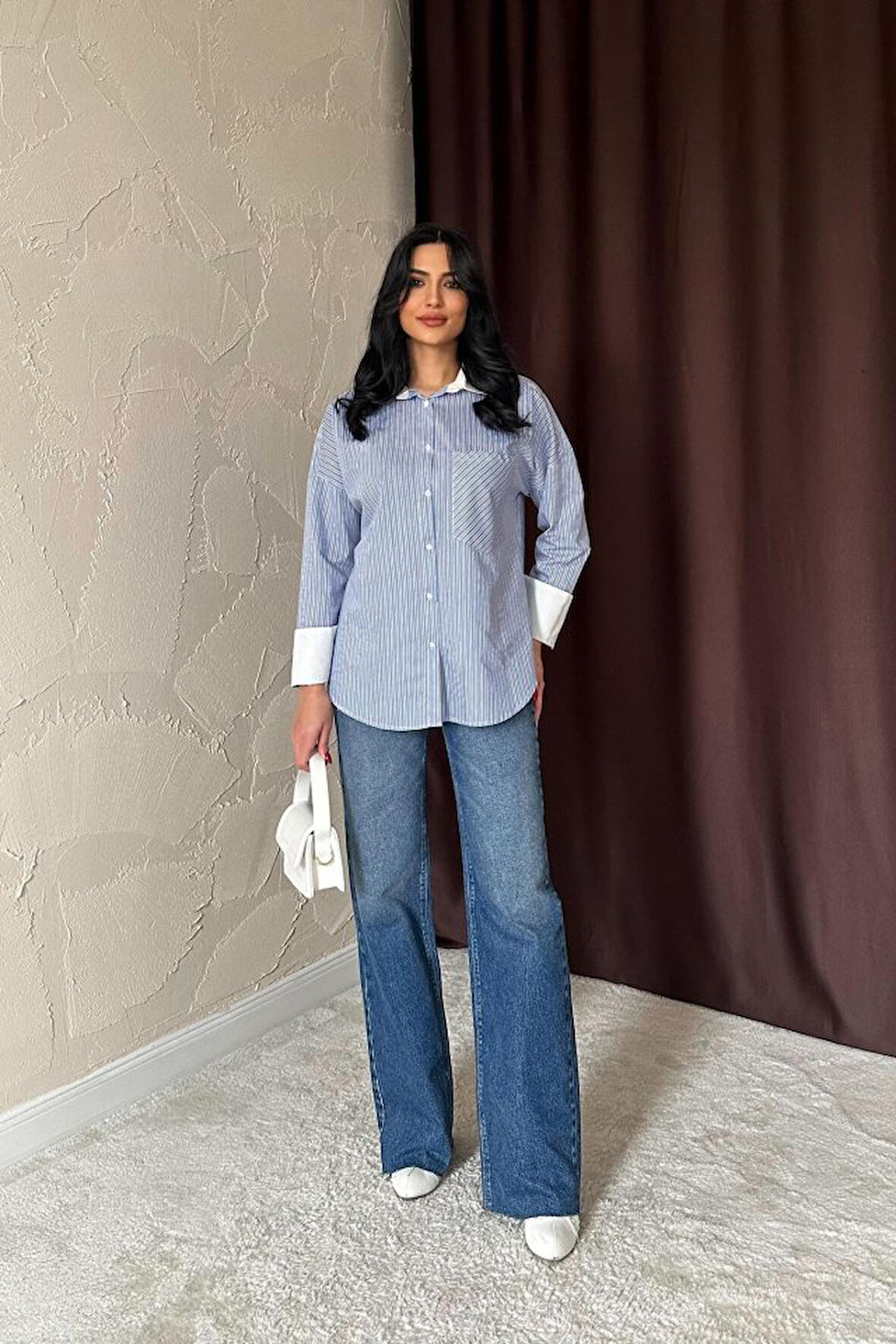 Mavi Çizgili Poplin Uzun Kol Gömlek