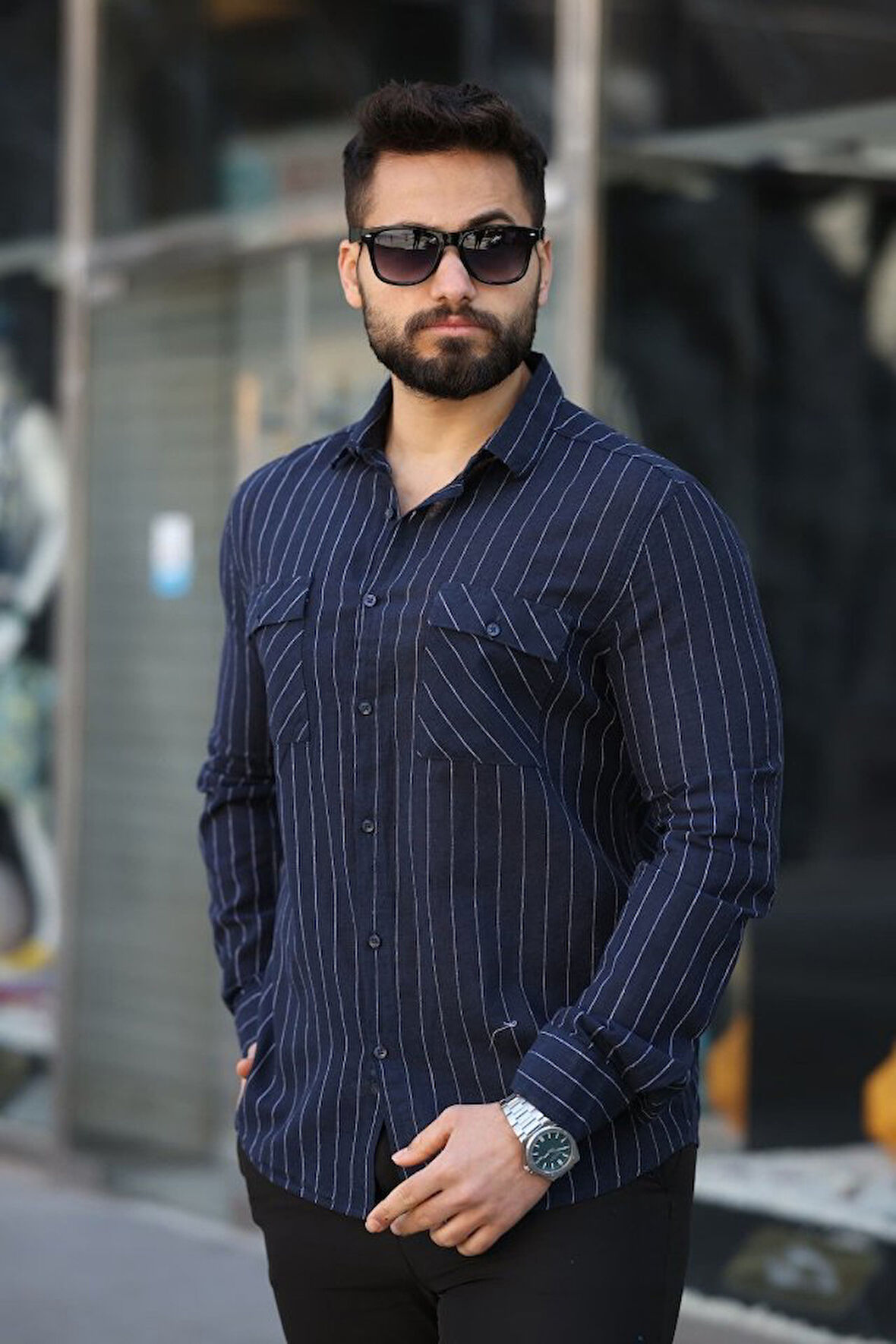 Erkek Pamuklu Çizgi Desenli Cep Detaylı Gömlek