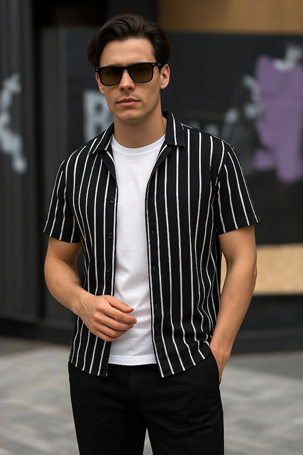 Erkek Kısa Kollu Beyaz çizgi Desenli örme Kumaş Pamuklu Gömlek