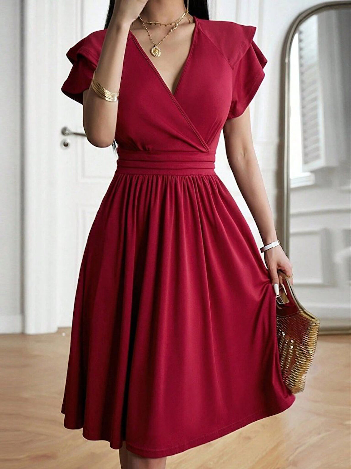 Kadın Kısa Fırfır Kollu Kruvaze Yakalı Kiloş Janjan Krep Elbise