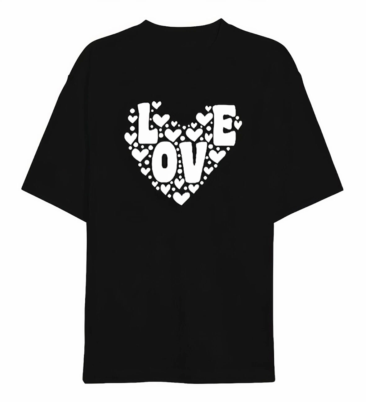 Sevgililer Günü İçin Özel Tasarım Love Kalp Baskılı T-shirt - Siyah