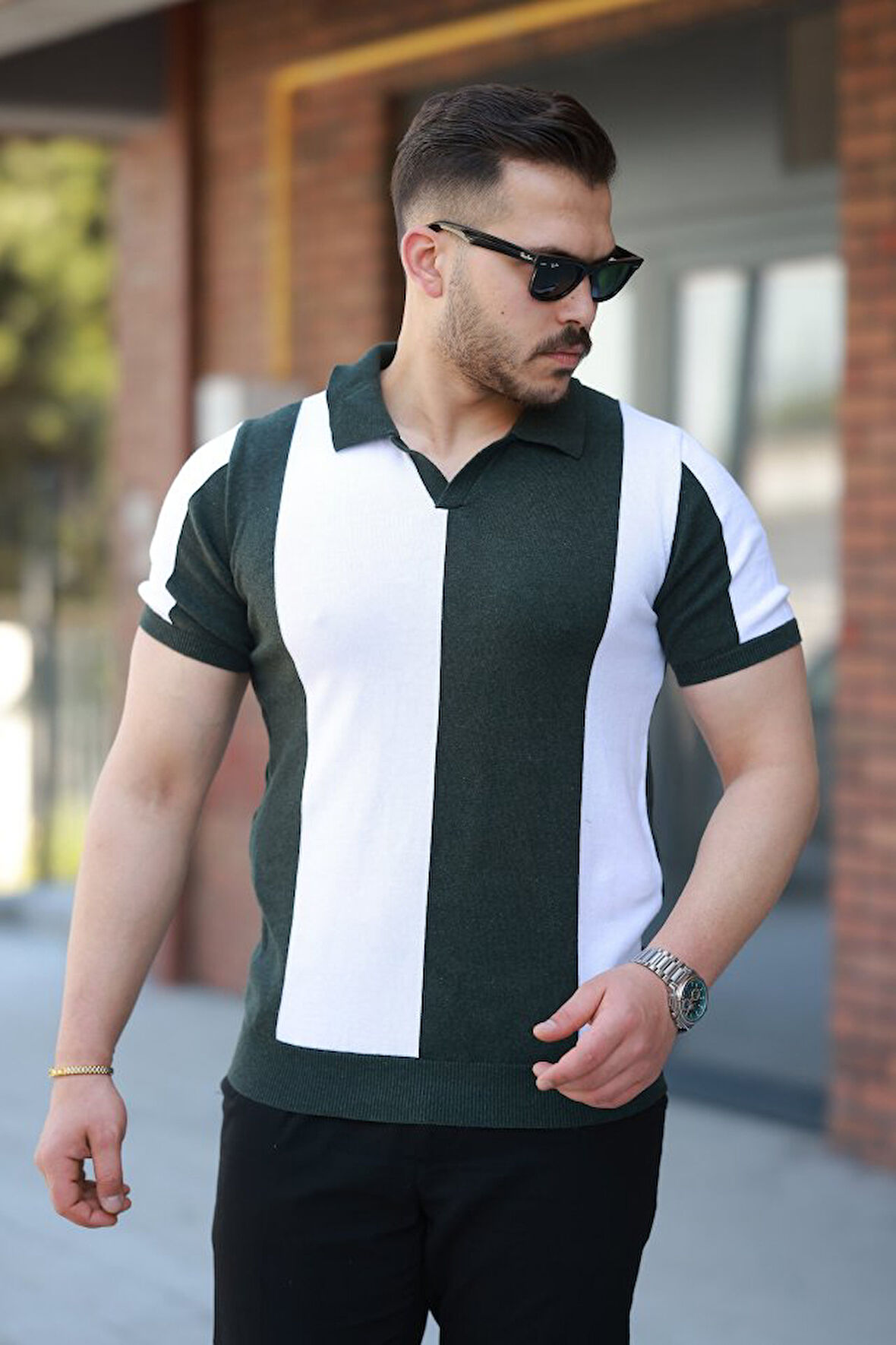 Erkek Kısa Kollu Polo Yakalı Blok Desenli Triko Bluz