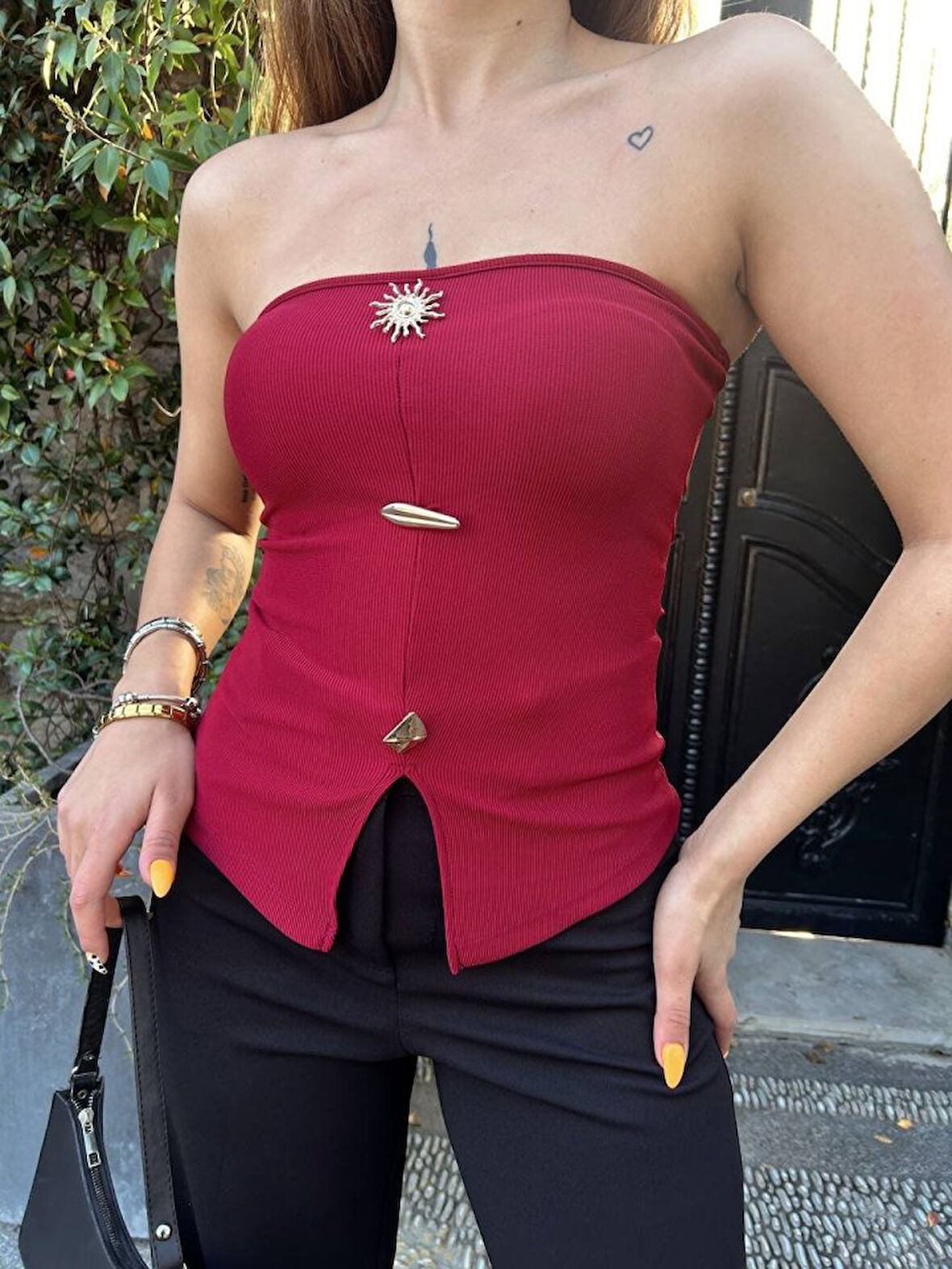 Kadın Ottoman Kumaş Düğme Detaylı Büstiyer Crop