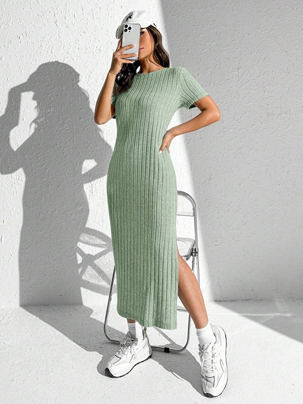 Kadın Kısa Kollu Bisiklet Yaka Yırtmaç Detay Fitilli Kaşkorse Tam Boy Elbise