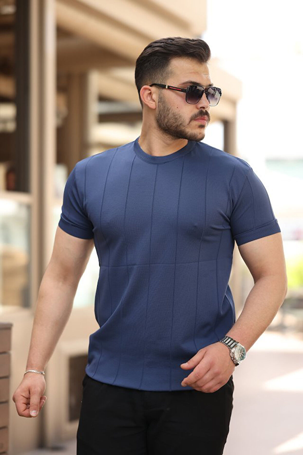 Erkek Ince çizgi Dokulu Bisiklet Yaka Kısa Kollu T-shirt