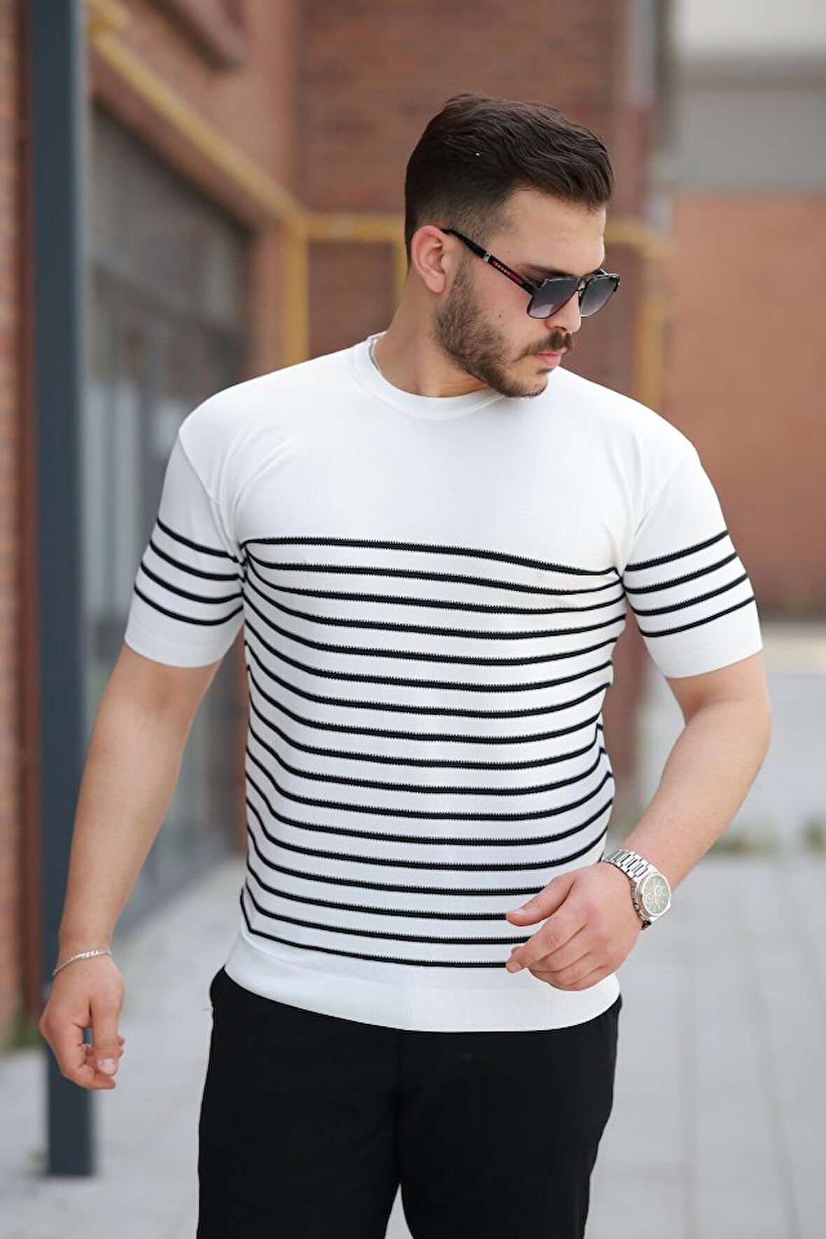 Erkek çizgi Desenli Bisiklet Yaka Kısa Kollu T-sihrt