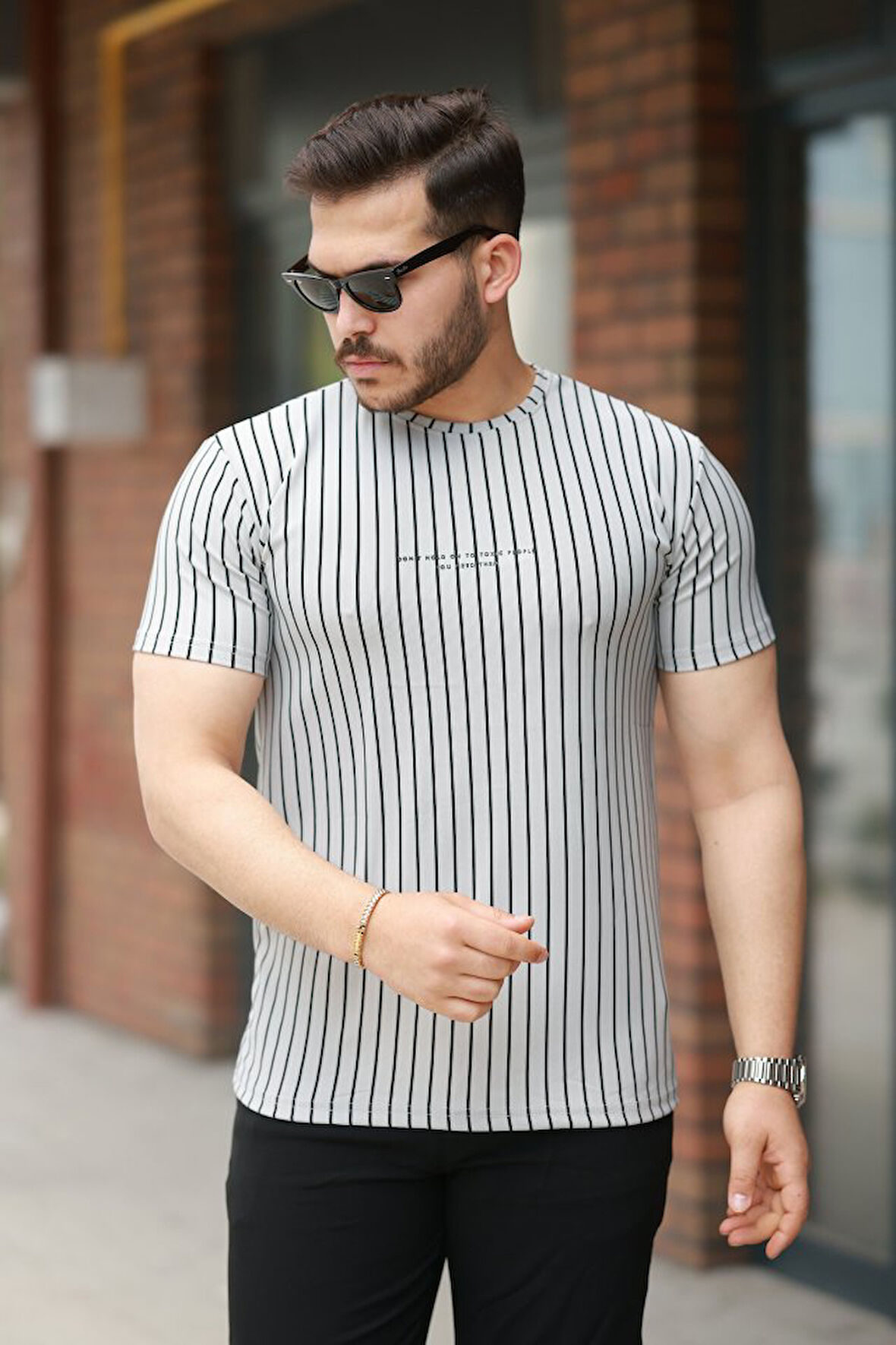 Erkek Dikey çizgili Ottoman Kumaş Kısa Kollu Tişört