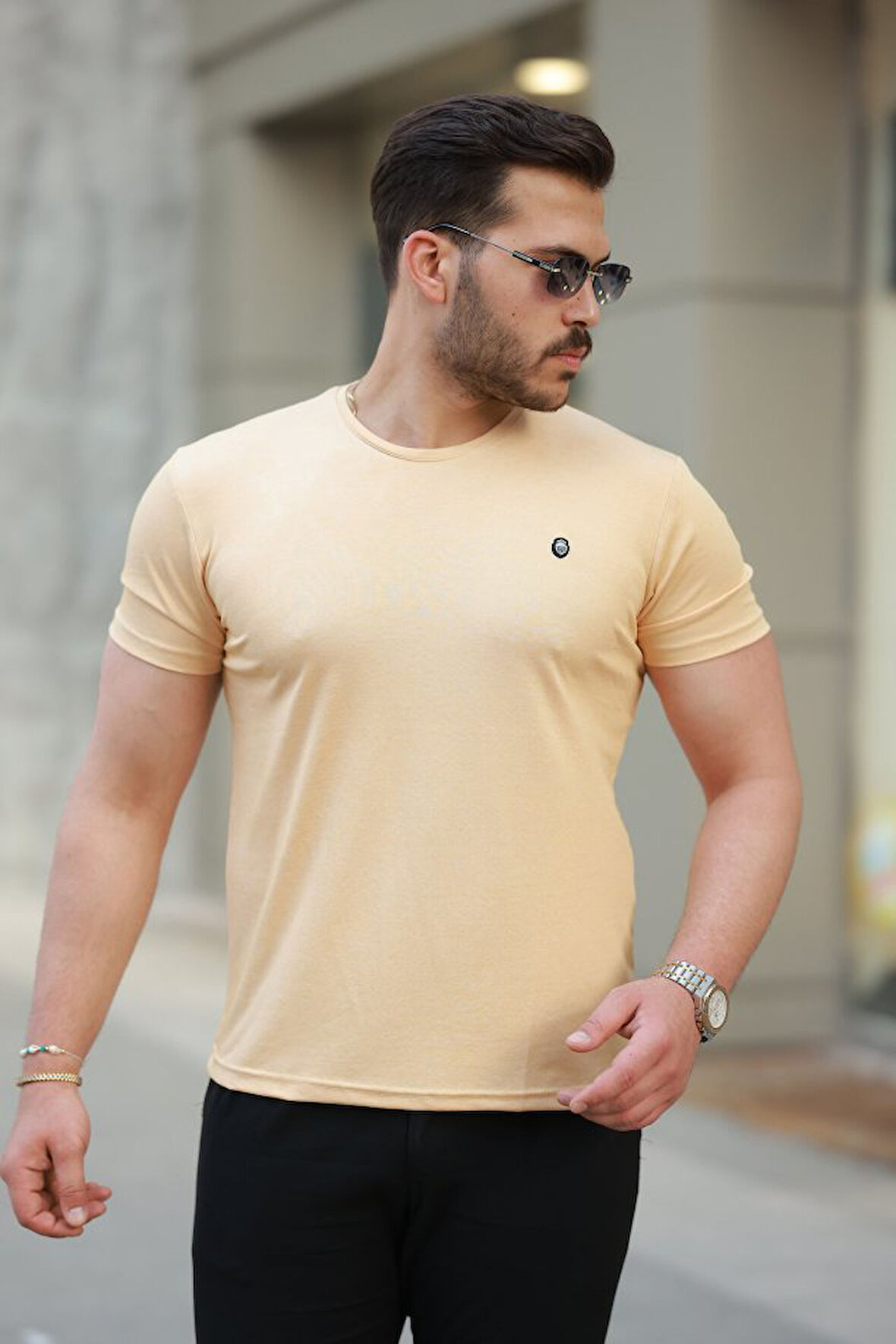 Erkek Bisiklet Yaka Arma Detaylı Basic Kısa Kollu Tişört