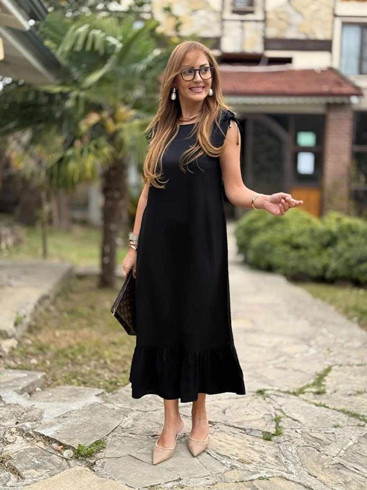 Kadın Omuzlardan Büzgülü Kayık Yaka Fırfırlı Janjan Krep Elbise