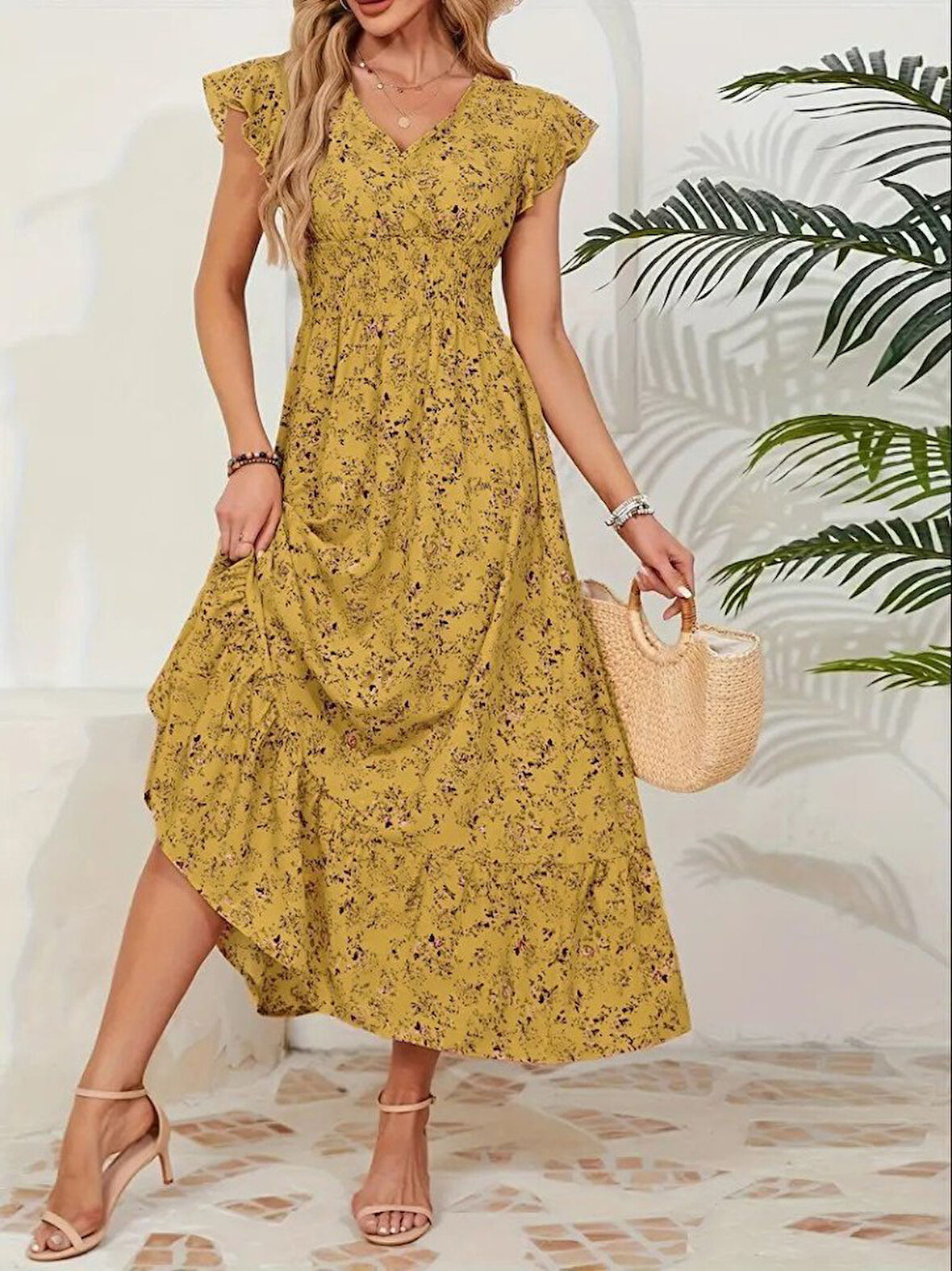 Kadın Kısa Kollu Kruvaze Yaka Beli Lastikli çiçek Desenli Elbise