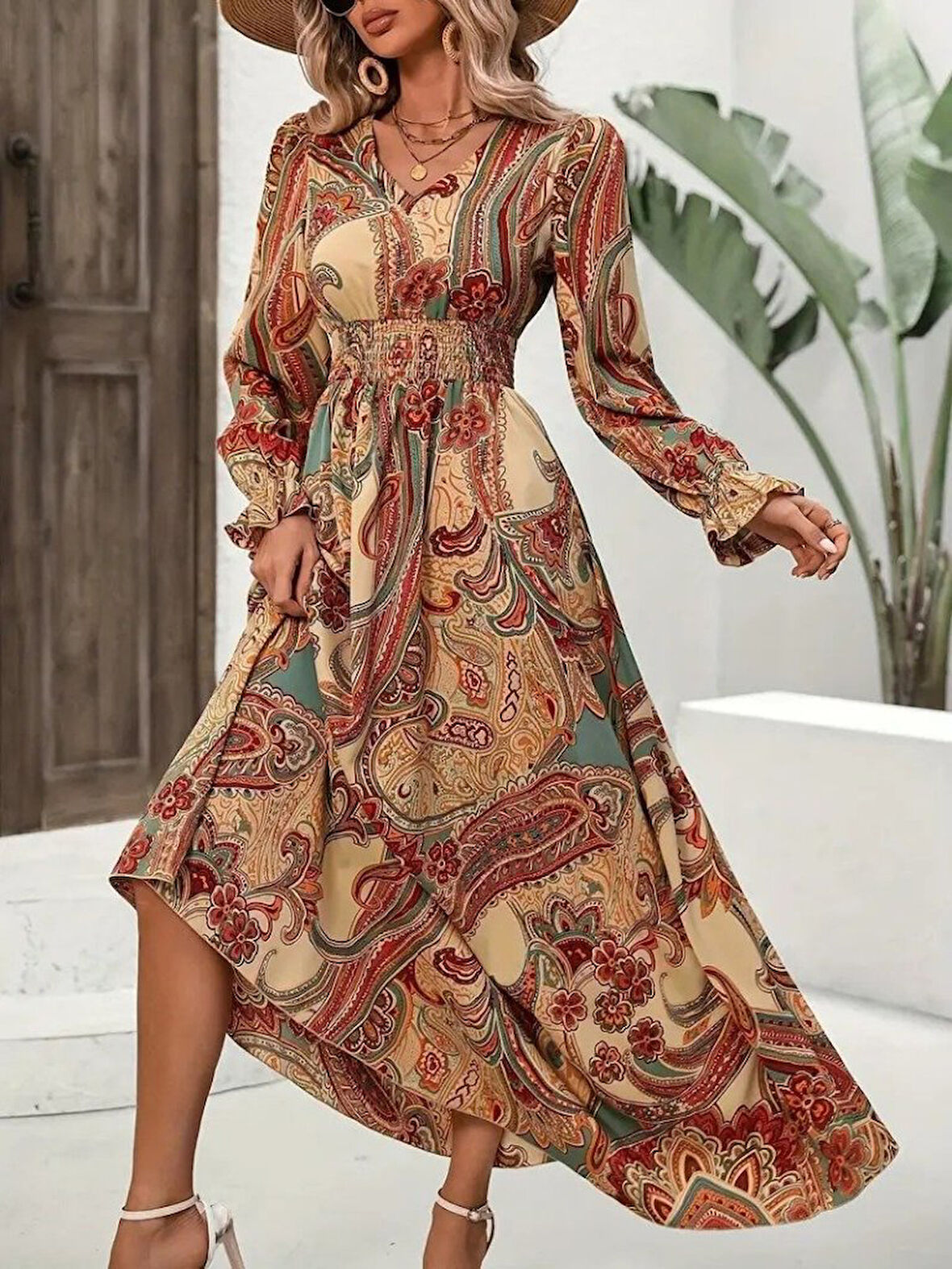 Kadın Uzun Kollu V Yakalı Beli Lastikli Desenli Süprem Elbise