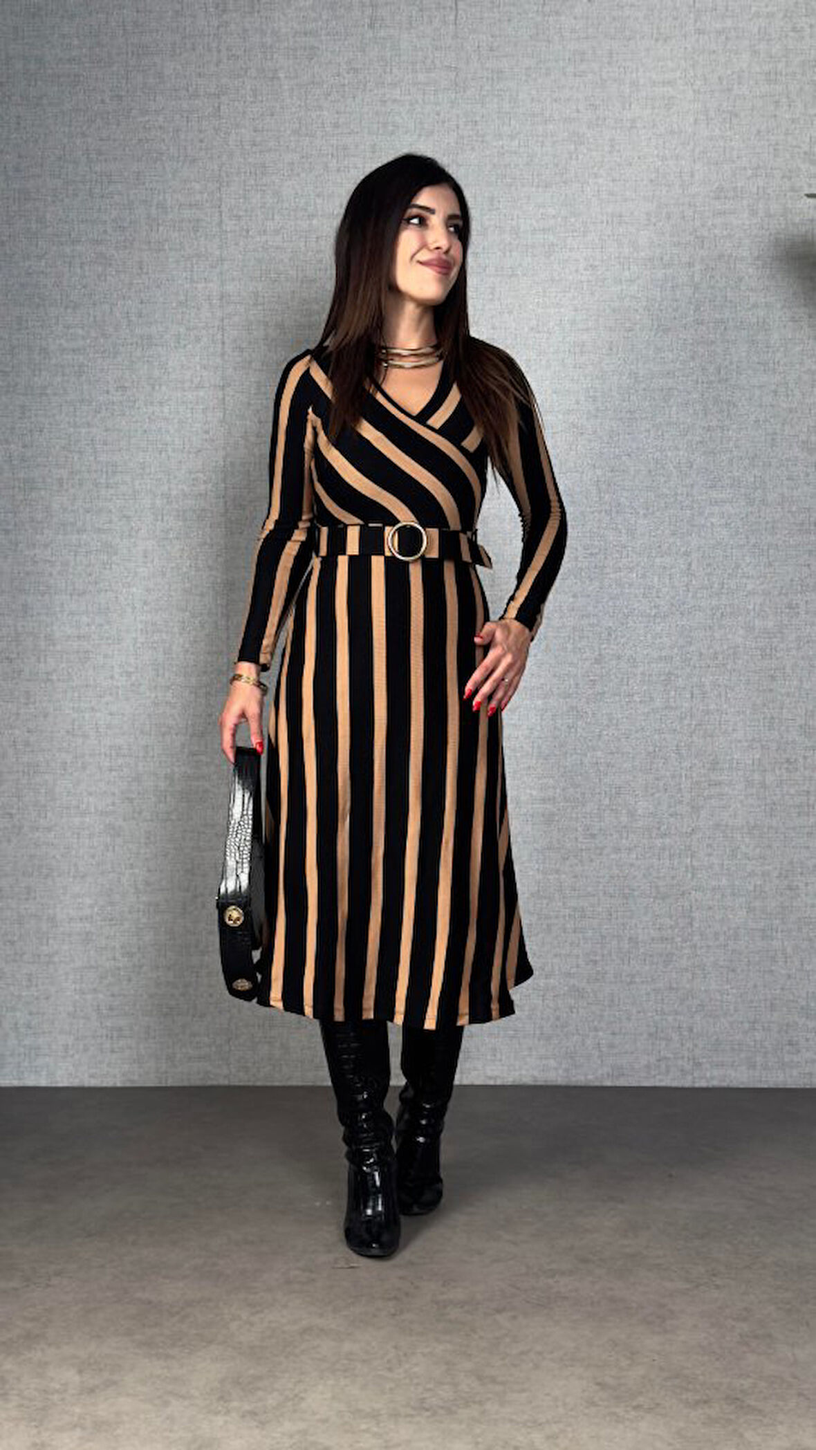 Kadın Uzun Kollu Kruvaze Yaka Kemer Dahil çizgili Triko Elbise