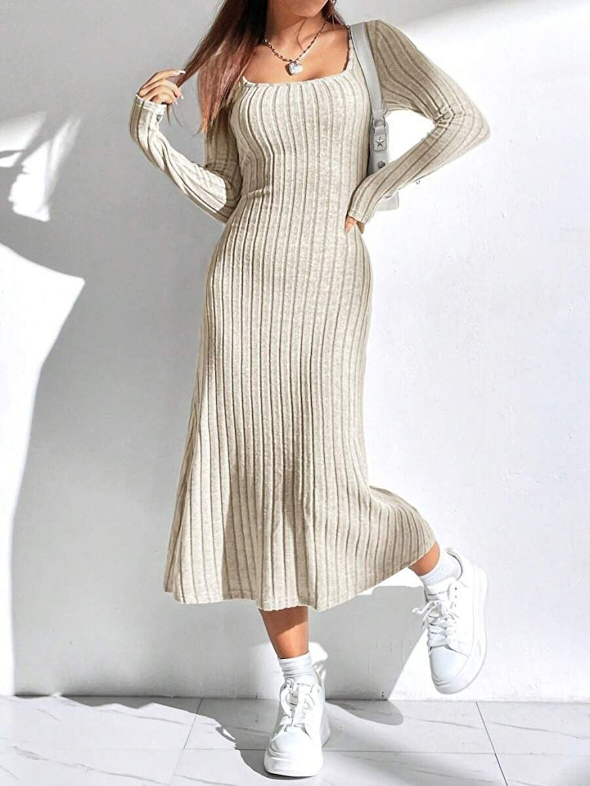 Kadın Uzun Kollu Kare Yaka Midi Kaşkorse Elbise