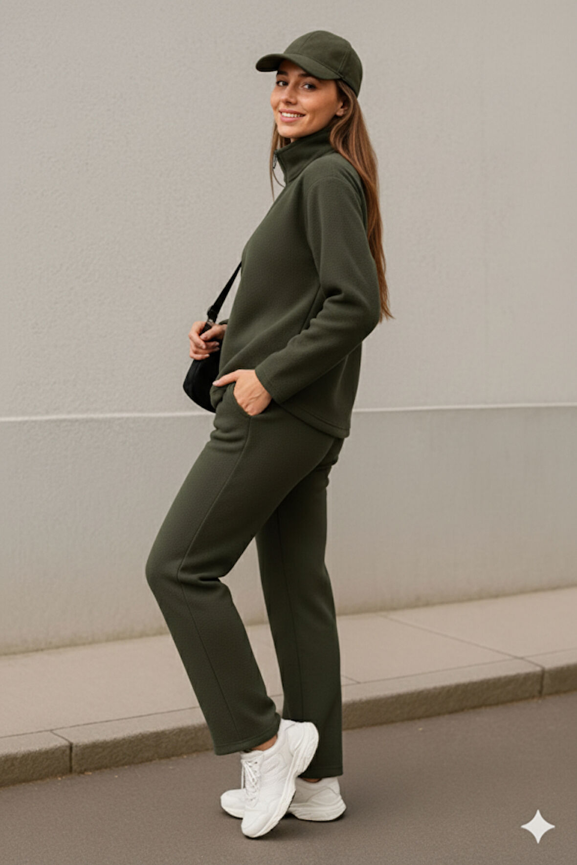 Kadın Balıkçı Yaka Fermuar Detay Polar Sweat Ve Pantolon Ikili Takım