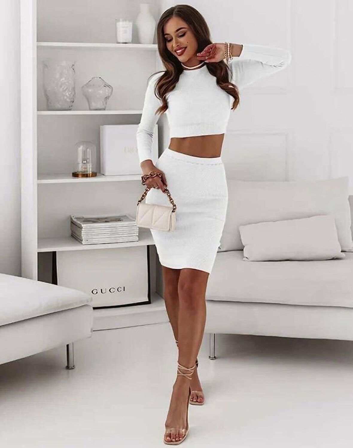 Kadın Uzun Kollubisiklet Yaka Kısa Crop Ve Yüksek Bel Mini Etek Kaşkorse Kumaş Ikili Takım