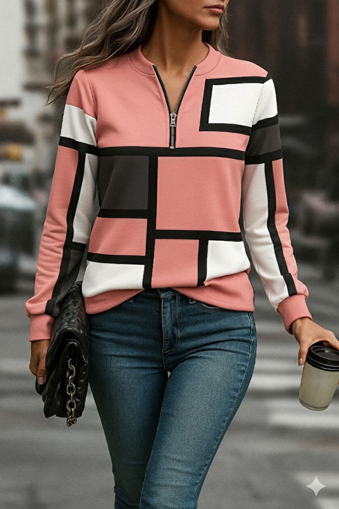 Kadın Uzun Kollu Yakadan Fermuarlı Desenli şardonlu Dalgıç Bluz