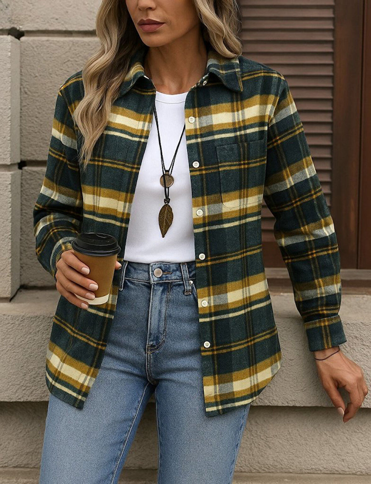 Kadın Uzun Kollu Kare Desenli önden Düğmeli Dokuma Gömlek