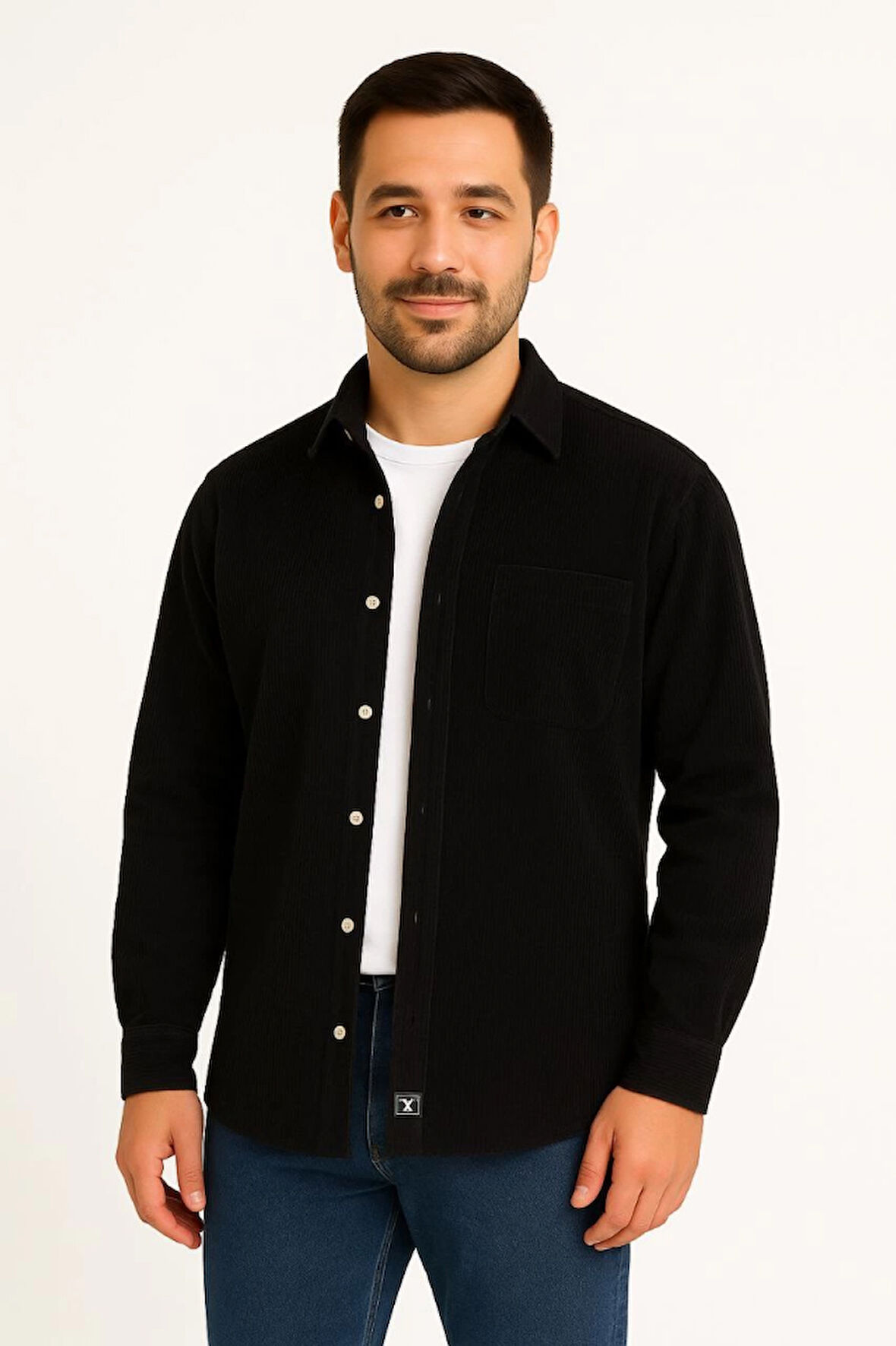 Erkek Fitilli Kadife Cepli Gömlek Oversize Rahat Kalıp - Siyah