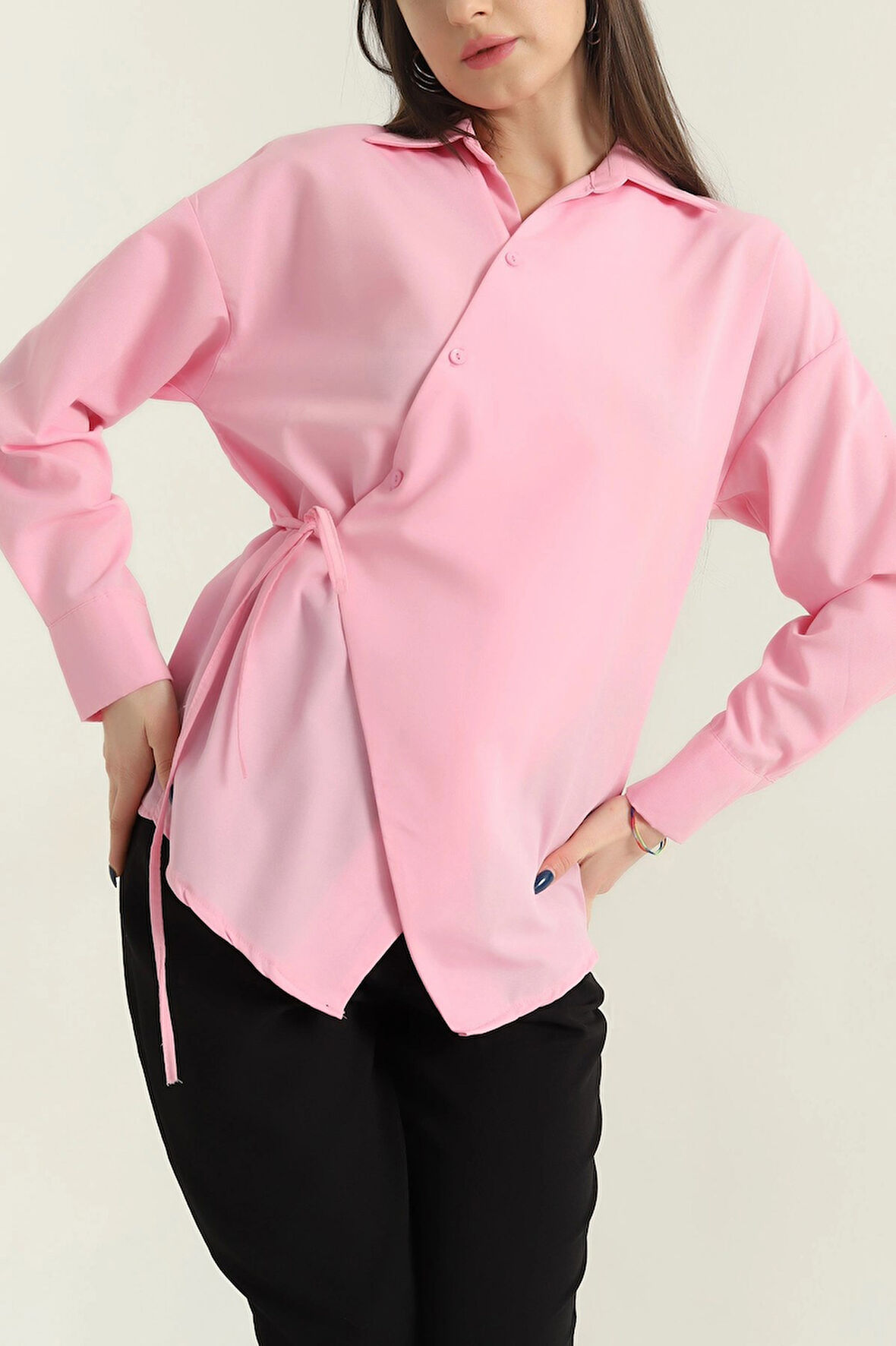 Jasmin Pembe Yandan Bağlamalı Trend Gömlek JASMIN-1453