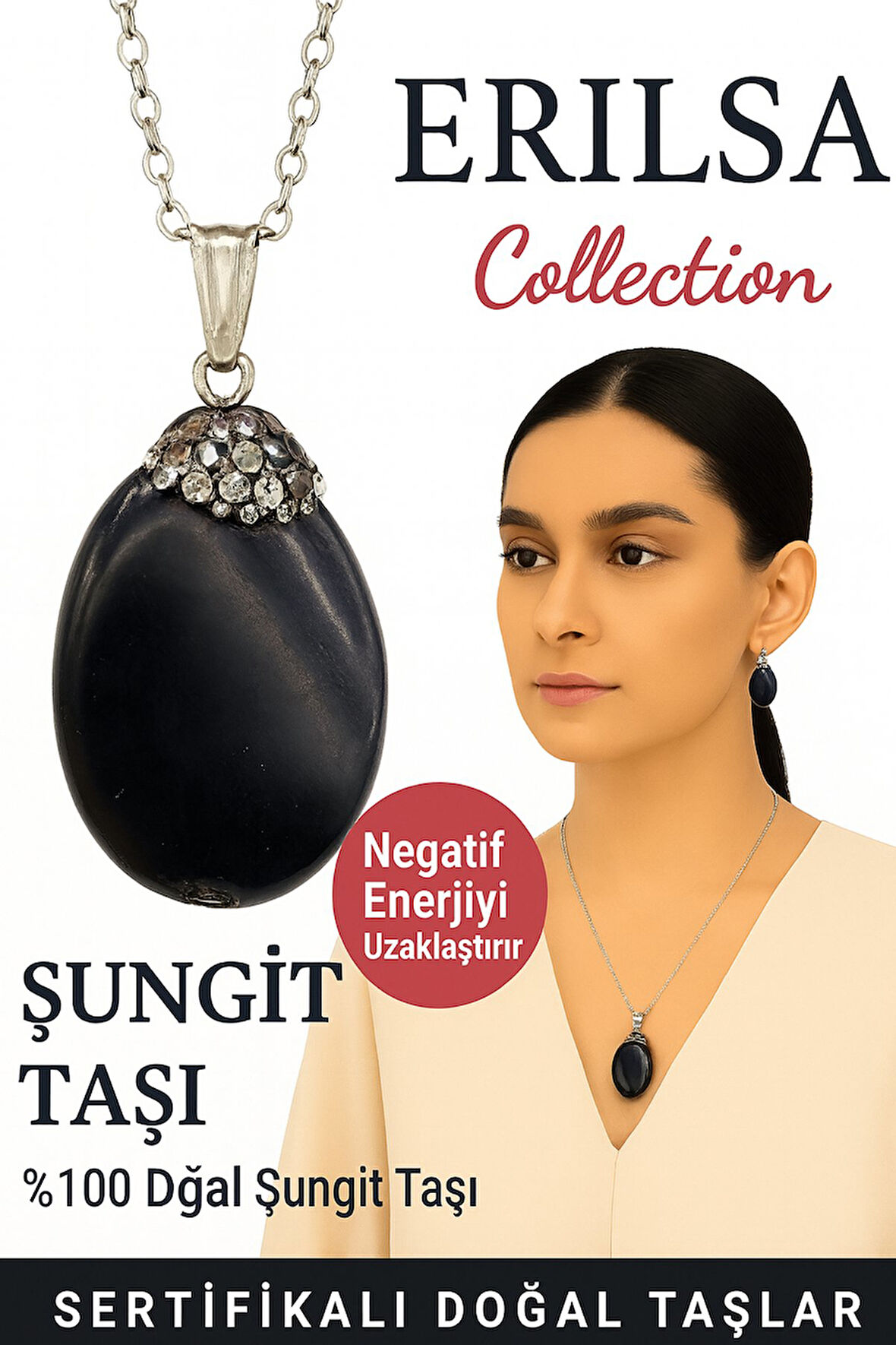 Sertifikalı Zirkon Taşlı Şungit Doğal Taş Kolye – Negatif Enerji Koruma Denge ve Şifa Taşı