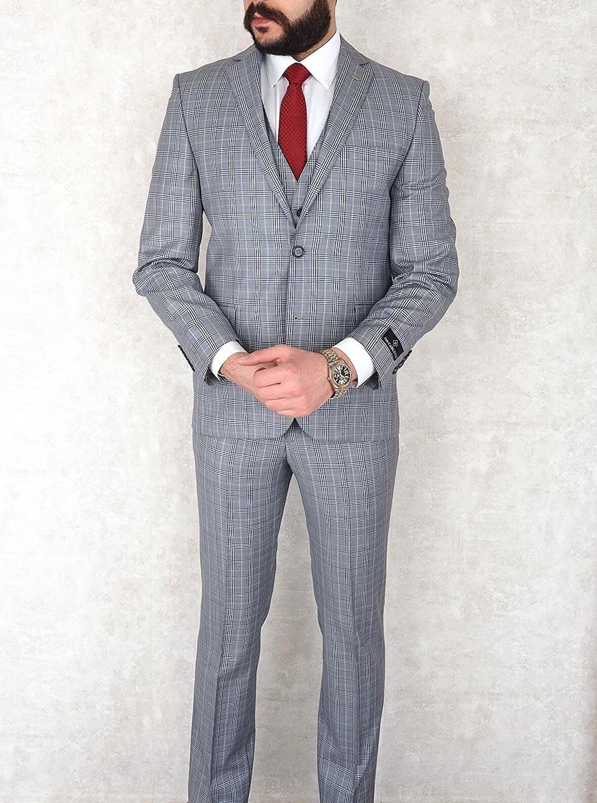 Jan Carlucci Yünlü  Slimfit Yelekli Drop 6 Takım