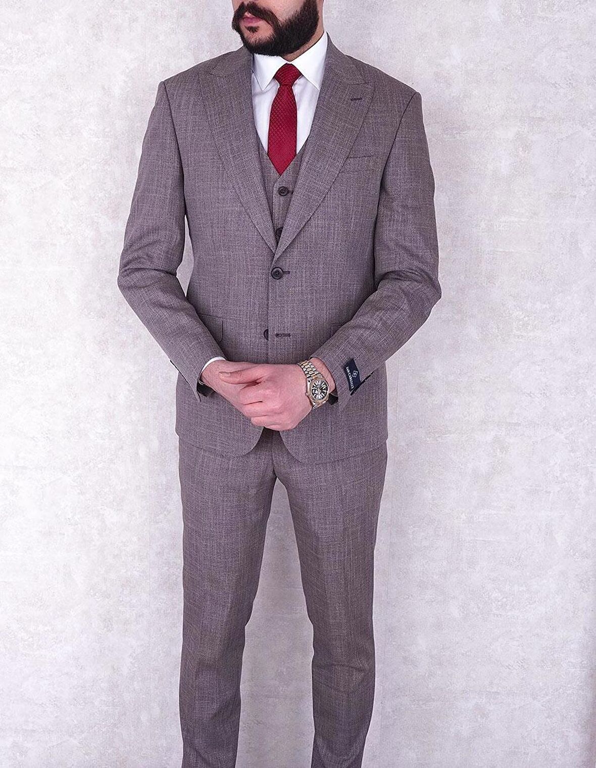 Jan Carlucci Slimfit Yelekli Drop 6 Takım-Bordo