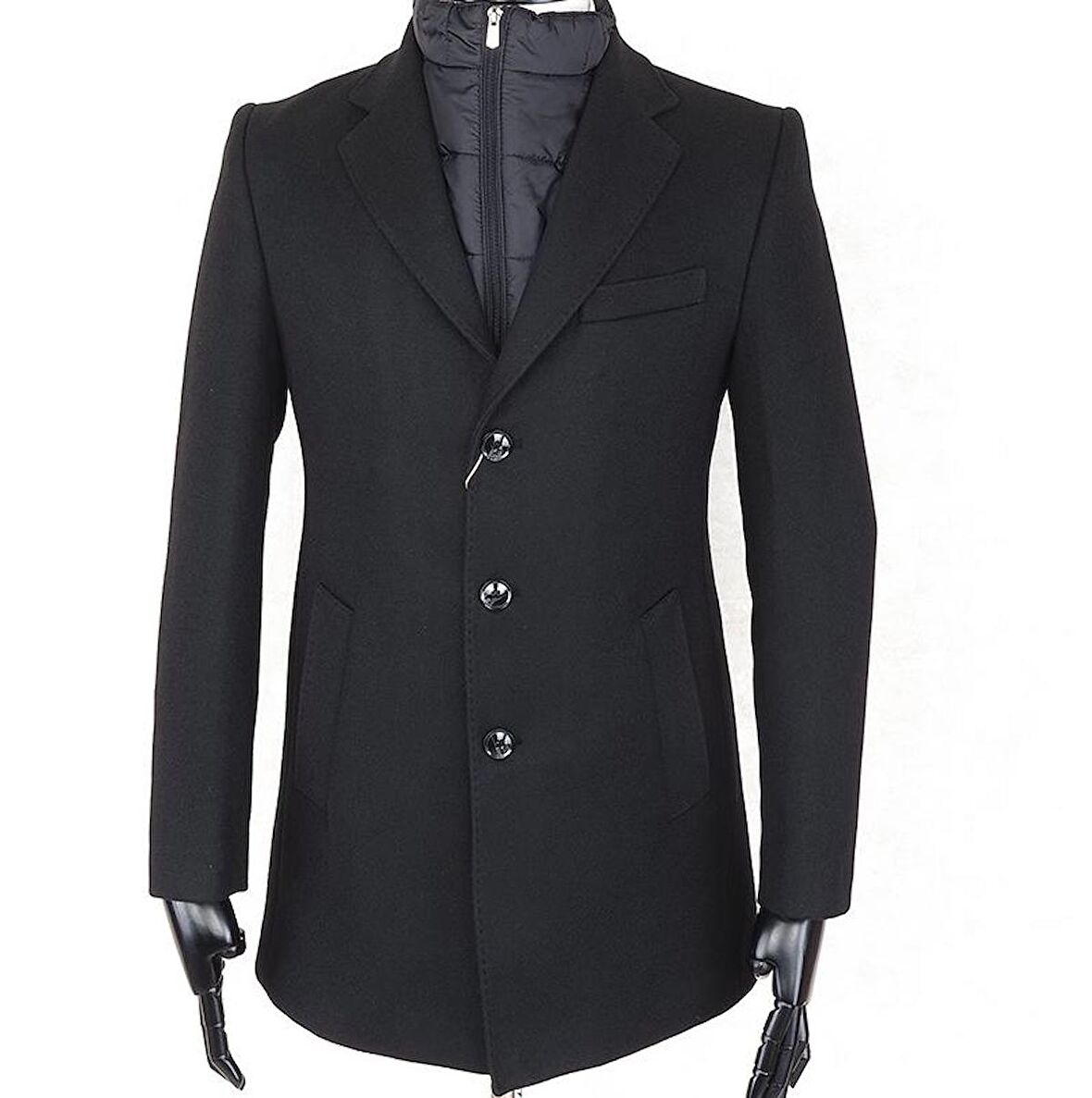 Erkek Slim Fit  Siyah  Çıkmalı Ceket Yaka  İçi Kapitoneli Tek Yırtmaç  Dizüstü Kaşe Kaban