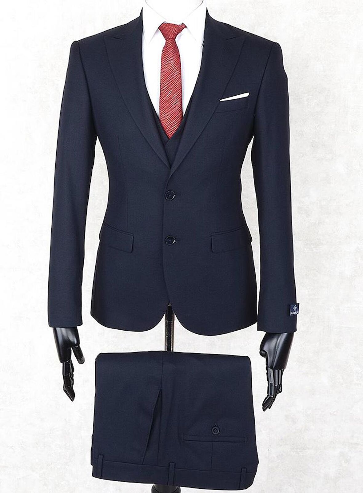 Jan Carlucci Slim Fit Sivri Yaka-Çift Yırtmaç Lacivert Drop 6 Yelekli Takım Elbise