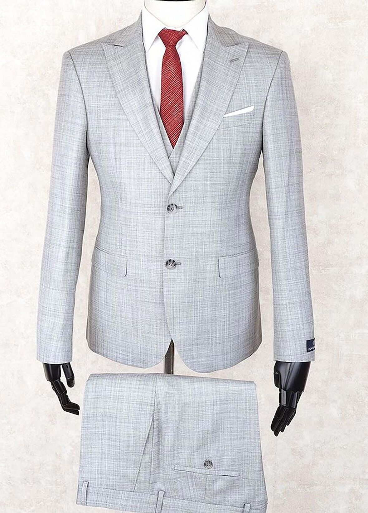 Jan Carlucci Slim Fit Sivri Yaka-Çift Yırtmaç Açık Gri Drop 6 Yelekli Takım Elbise