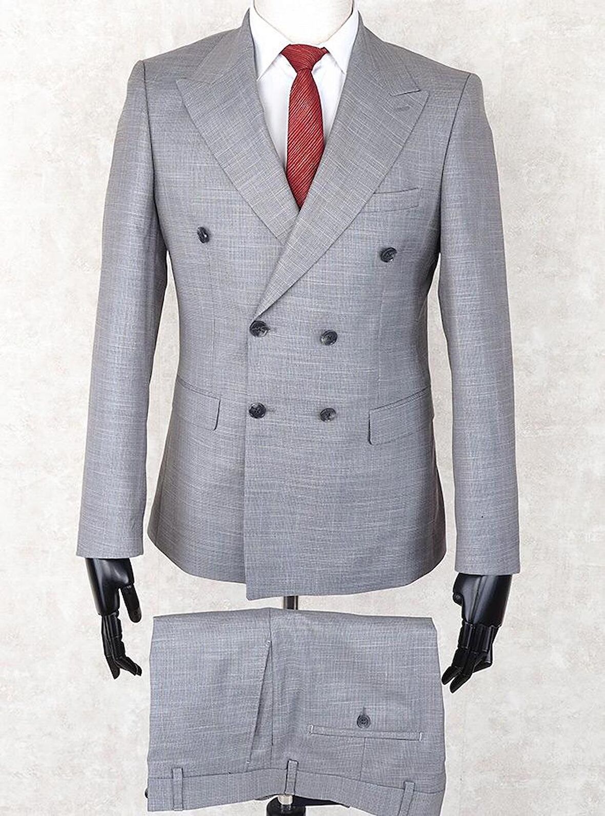 Jan Carlucci Kruvaze Slim Fit Sivri Yaka-Çift Yırtmaç Gri Drop 6 Takım Elbise