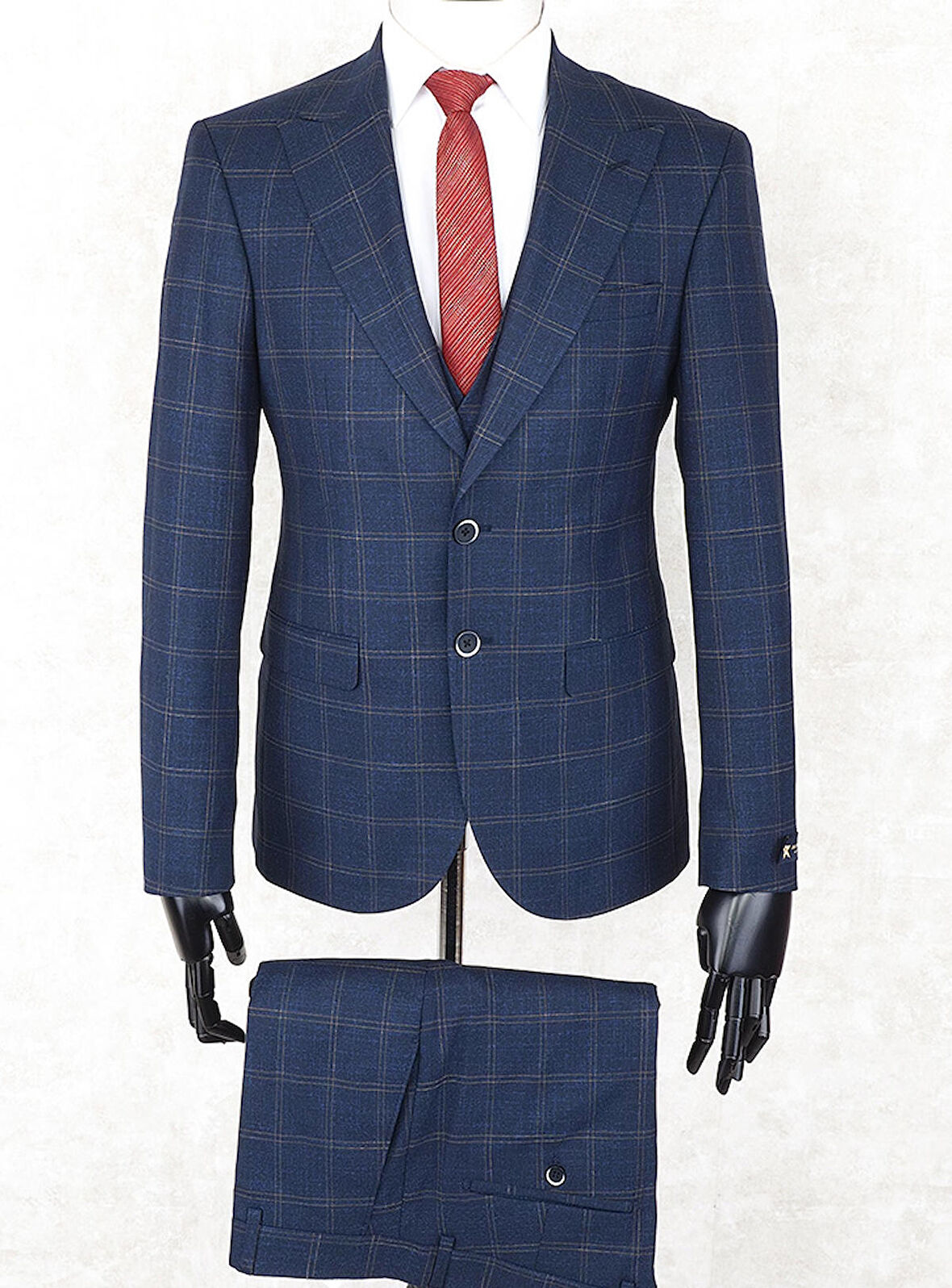 Jan Carlucci Slim Fit Sivri Yaka-Çift Yırtmaç Lacivert Kareli  Drop 6 Yelekli Takım Elbise