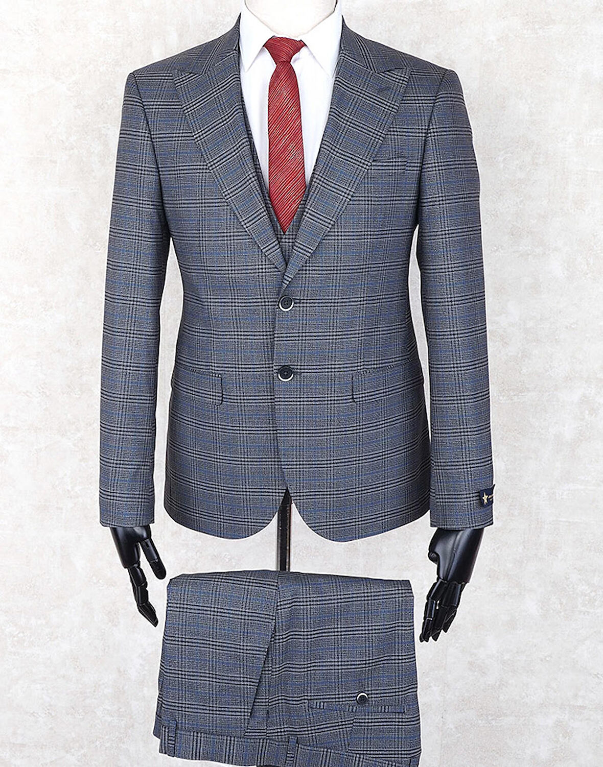 Jan Carlucci Slim Fit Sivri Yaka-Çift Yırtmaç Lacivert Kareli  Drop 6 Yelekli Takım Elbise