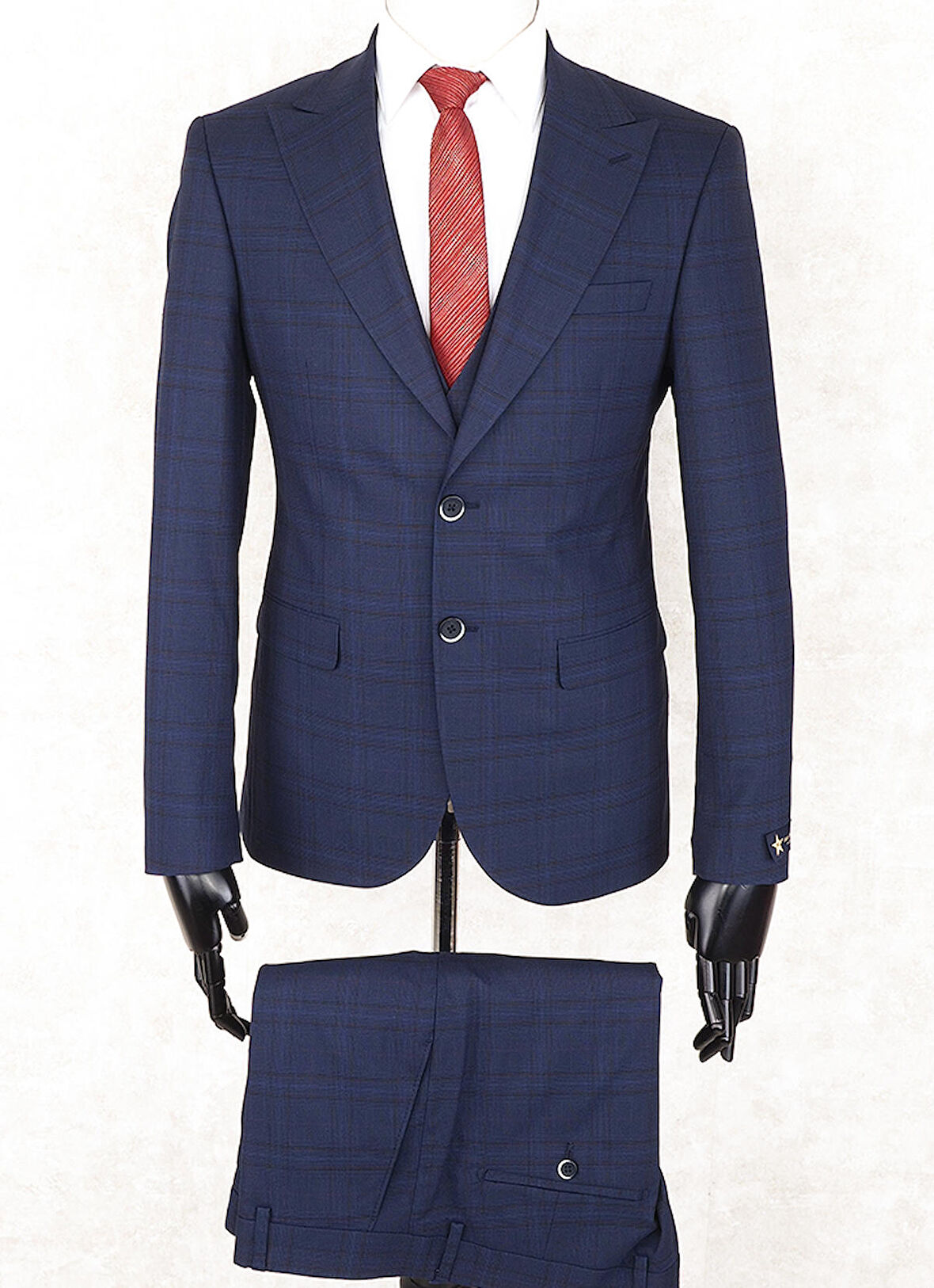 Jan Carlucci Slim Fit Sivri Yaka-Çift Yırtmaç Lacivert Kareli  Drop 6 Yelekli Takım Elbise