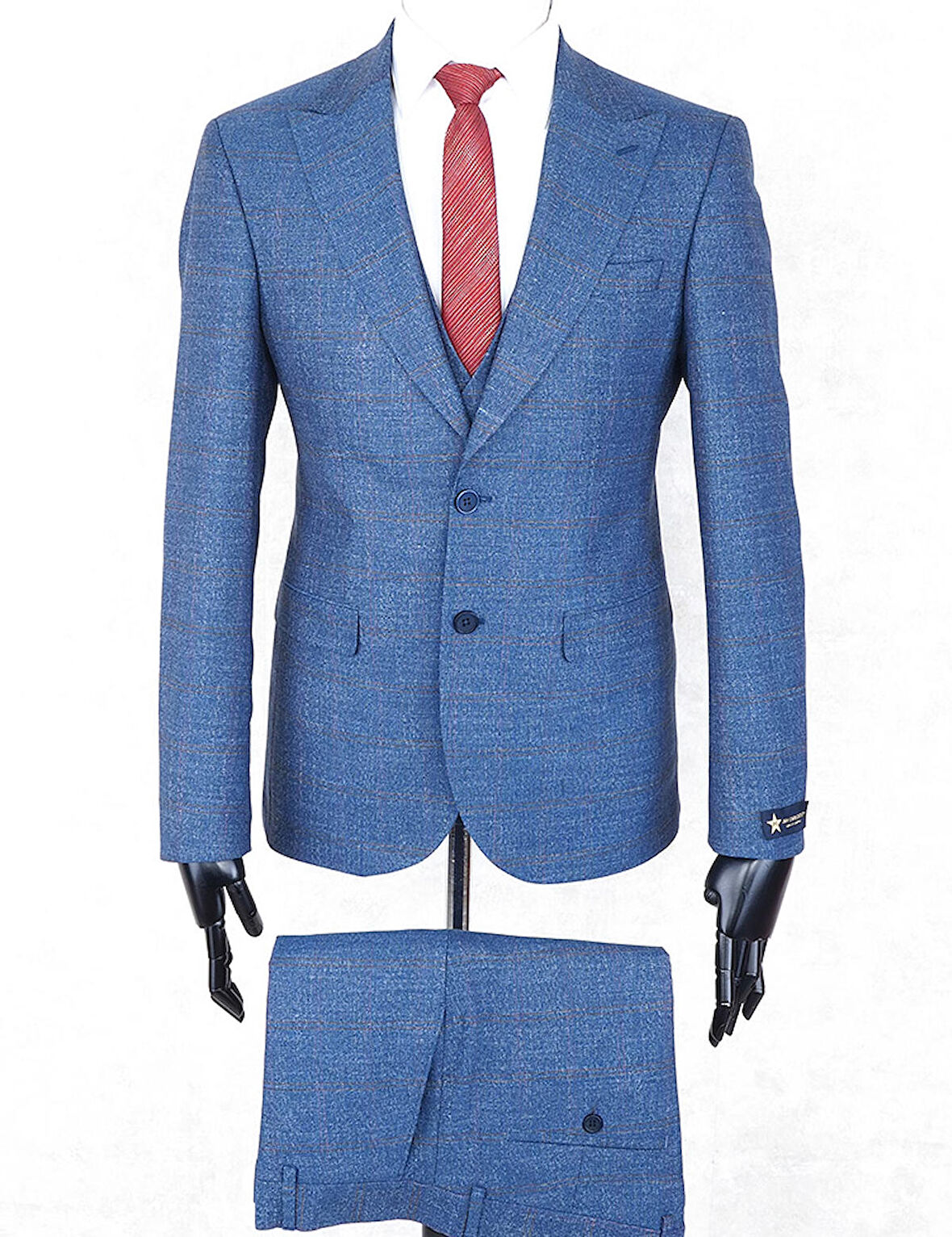 Jan Carlucci Slim Fit Sivri Yaka-Çift Yırtmaç Mavi Kareli  Drop 6 Yelekli Takım Elbise