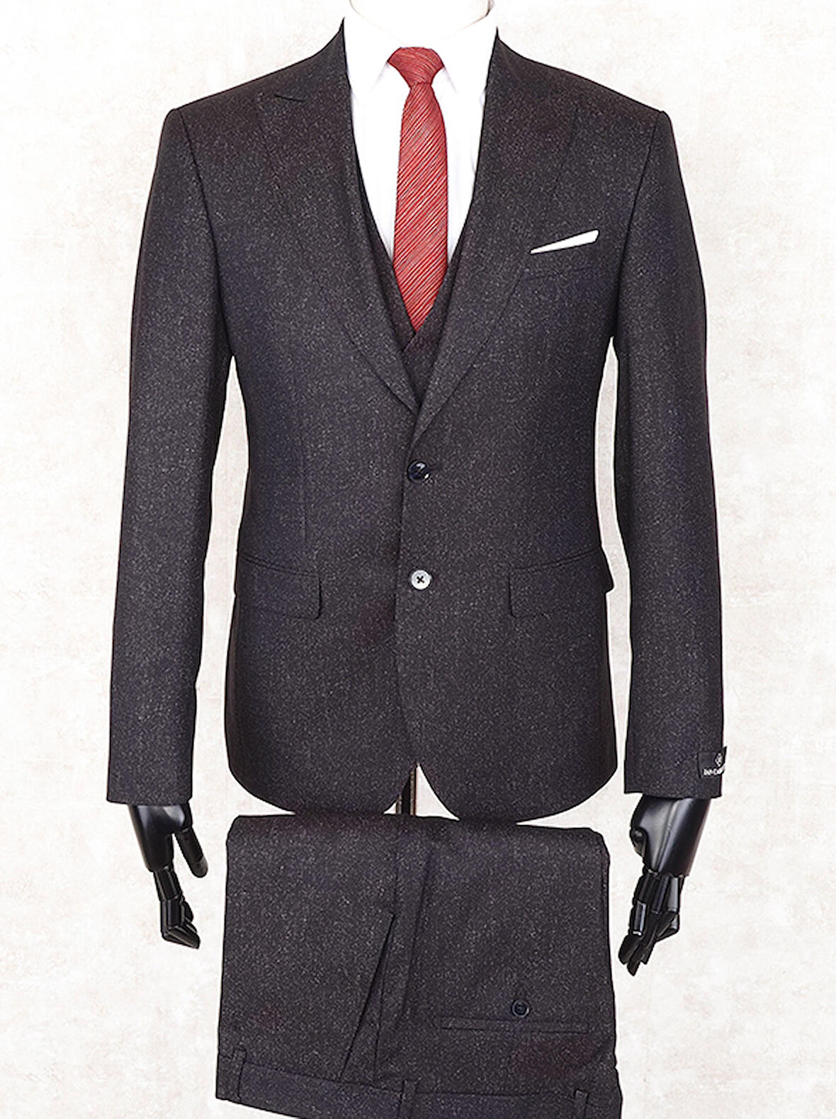 Jan Carlucci Slim Fit Sivri Yaka-Çift Yırtmaç  Kahverengi Drop 6 Yelekli Takım Elbise