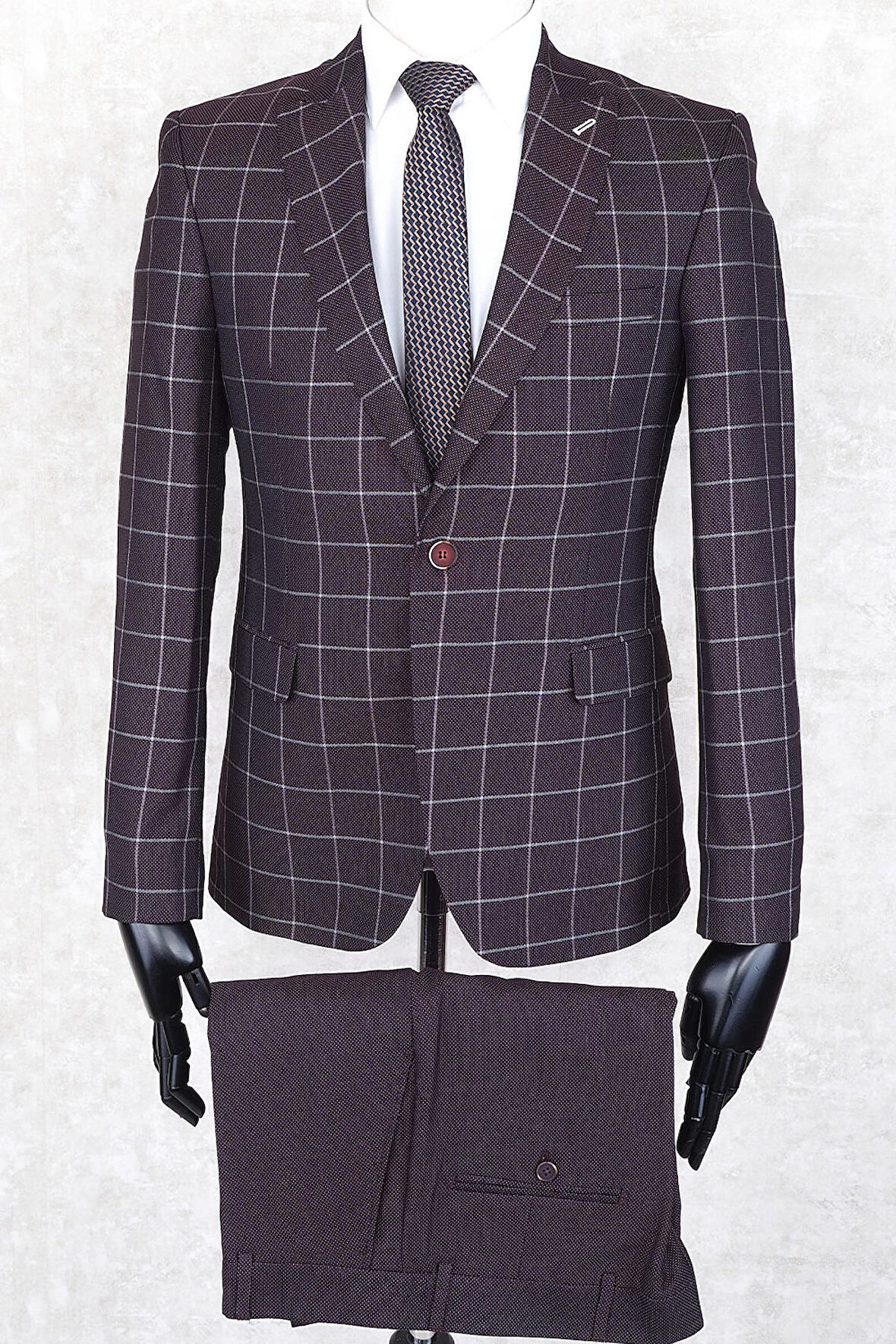 Fonte Falcao Slim Fit Tek Düğme -Sivri Yaka-Tek Yırtmaç Bordo Kareli   Yelekli Drop 6 Takım Elbise