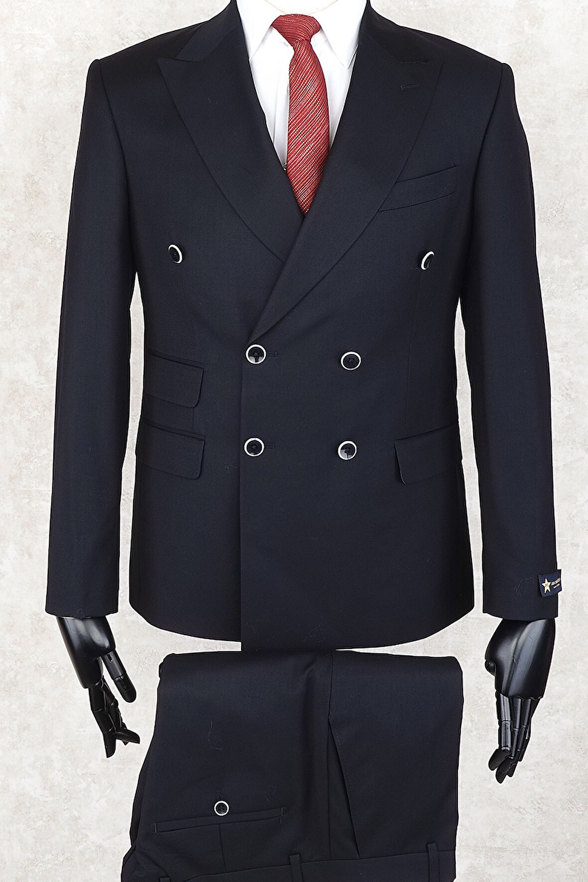 Jan Carlucci Slim Fit Geniş Sivri Yaka-Çift Yırtmaç  Lacivert Çift Cep Kruvaze Drop 6 Takım Elbise