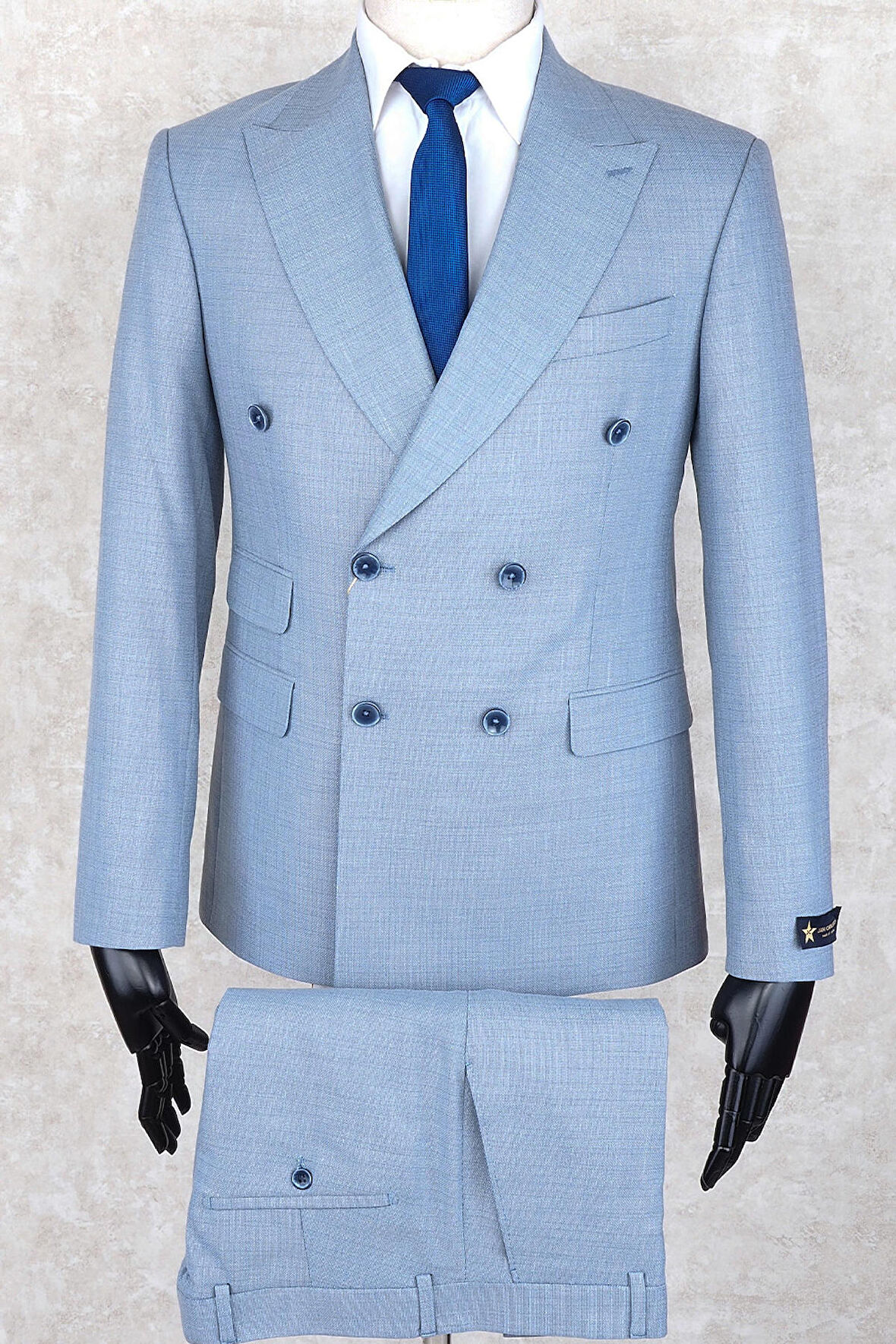 Jan Carlucci Slim Fit Geniş Sivri Yaka-Çift Yırtmaç Mavi Çift Cep Kruvaze Drop 6 Takım Elbise