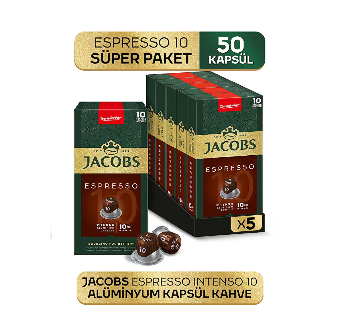Jacobs Espresso 10 Intenso Nespresso Uyumlu Kapsül Kahve 10 Kapsül X 5 Adet