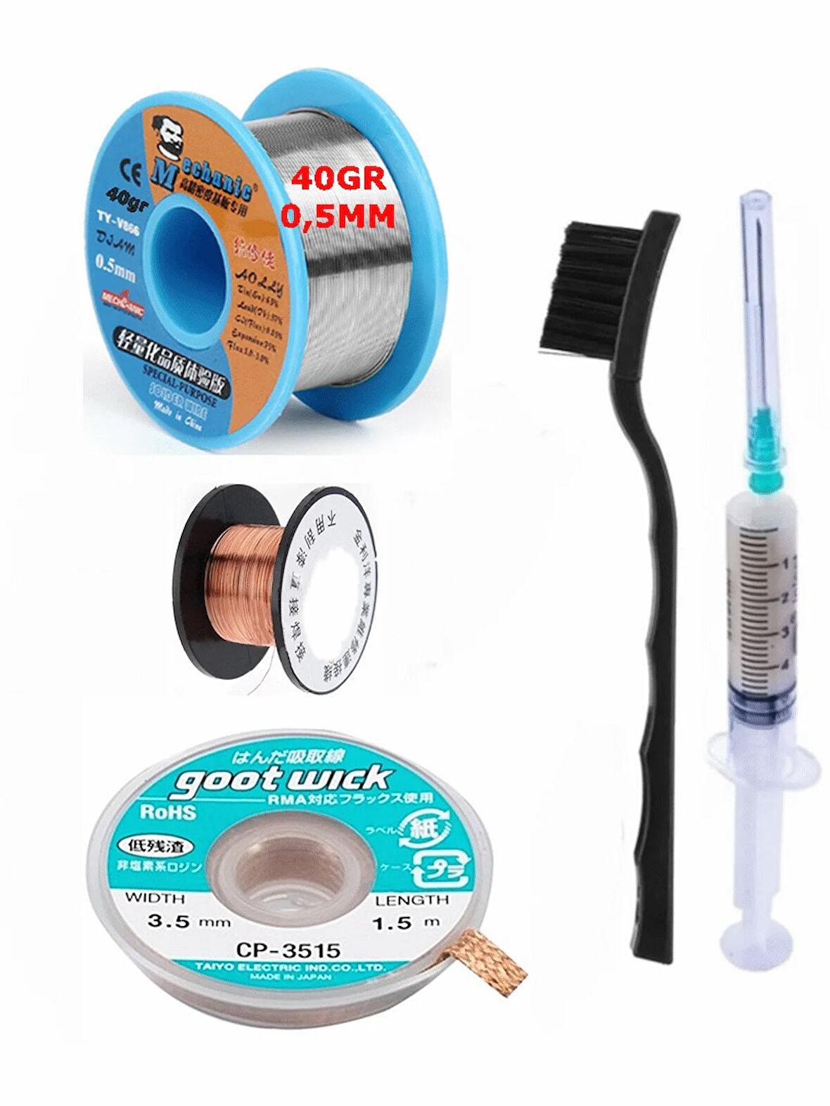MECHANİC Soldering 63SN/37PB Lehim Teli 005MM 40Gr Ve Flux Lehim Toplama Ve CP 3515 Emme Teli 5in1 Set