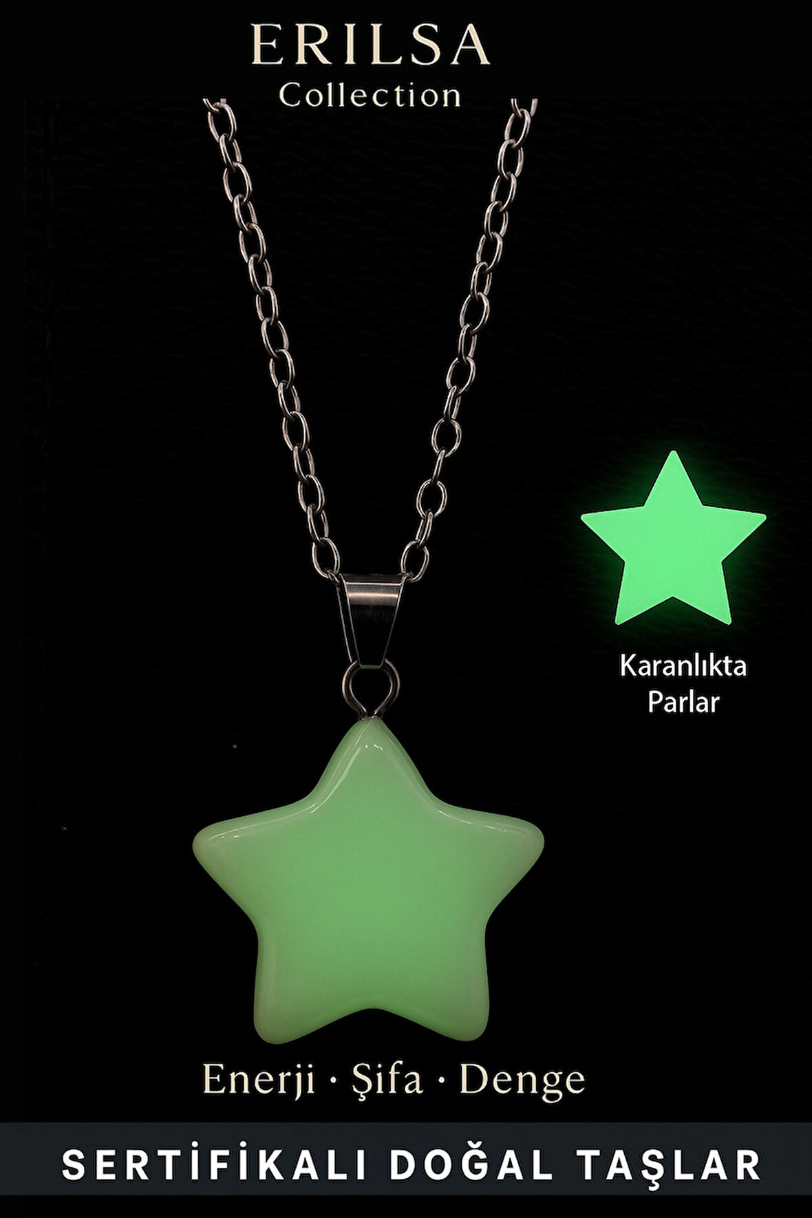 Sertifikalı Fosfor Taşı Yıldız Kolye - Karanlıkta Parlayan Enerji Şifa ve Denge Taşı