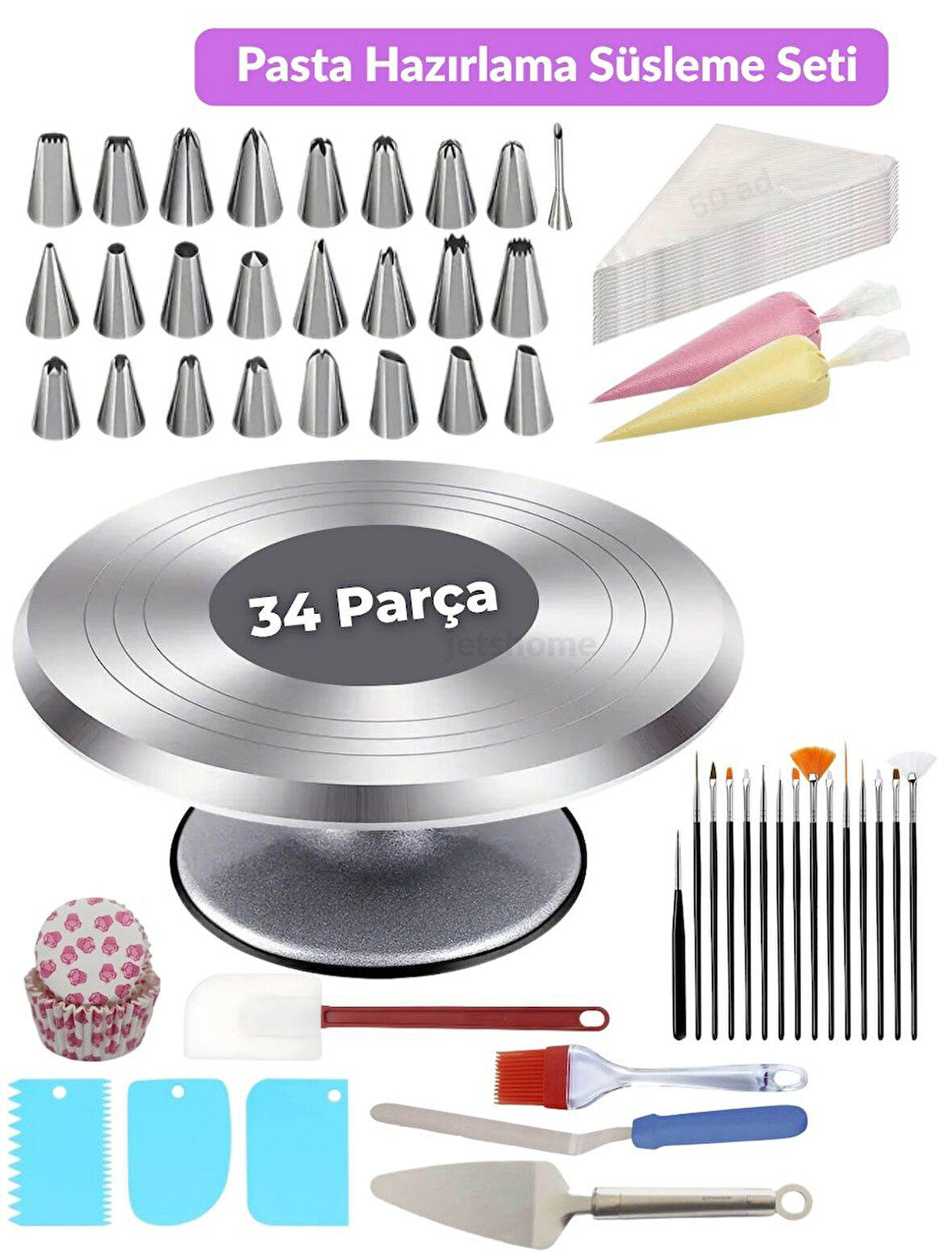 34 Parça Pasta Süsleme Hazırlık Seti – Profesyonel ve Hobi Kullanım İçin Eksiksiz Dekorasyon Takımı