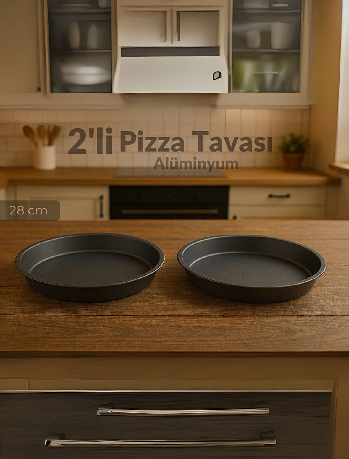 2'li Pizza Tavası Seti Alüminyum Pizza Tepsisi Yapışmaz Lahmacun Pide Tavası 28 Cm