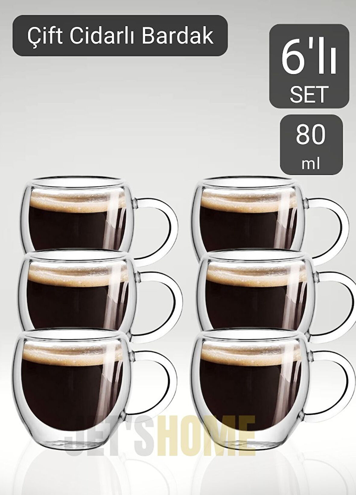 6’lı Set Kulplu Espresso Bardağı Doppio Ristretto Bardağı Çift Cidarlı Türk Kahvesi Bardak 80 ml