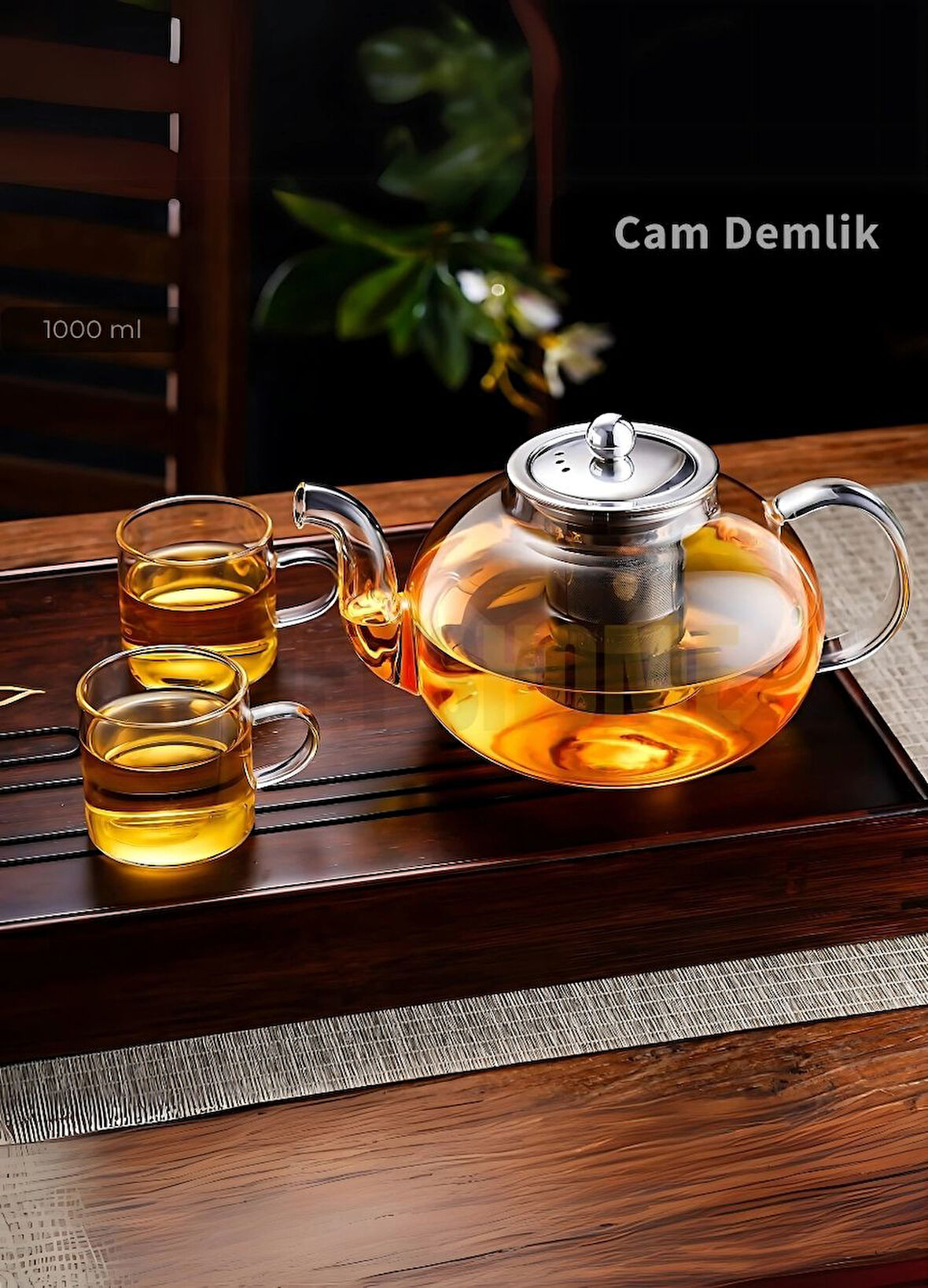 Cam Demlik Borasilikat Demlik Çelik Süzgeçli Çay Demliği Isıya Dayanıklı Bitki Çayı Demlik 1000 ml