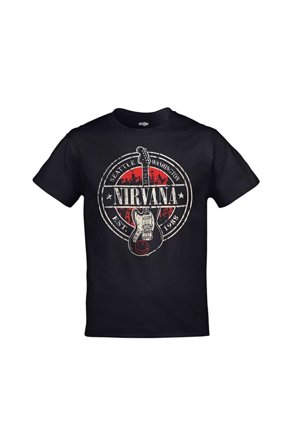 Nirvana Gitar Est. 1988 Baskılı Unisex Siyah Tshirt