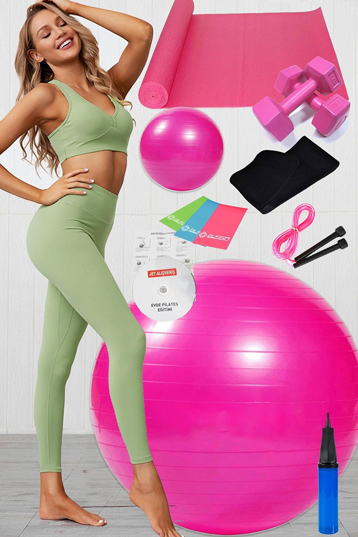 12 Li Pilates Seti Topu 3 Lü Pilates Bandı Lastiği Dambıl Minder Atlama Ipi Zayıflama Kemeri Pembe