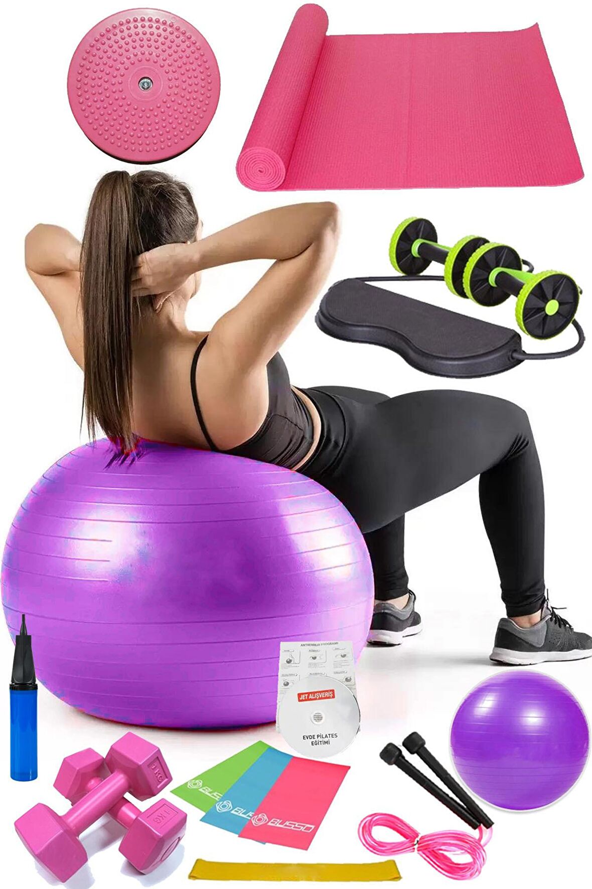 14 Lü Pilates Seti Topu 3 Lü Pilates Bandı Dambıl Minder Atlama Ipi Twister Aerobik Revoflex Mor