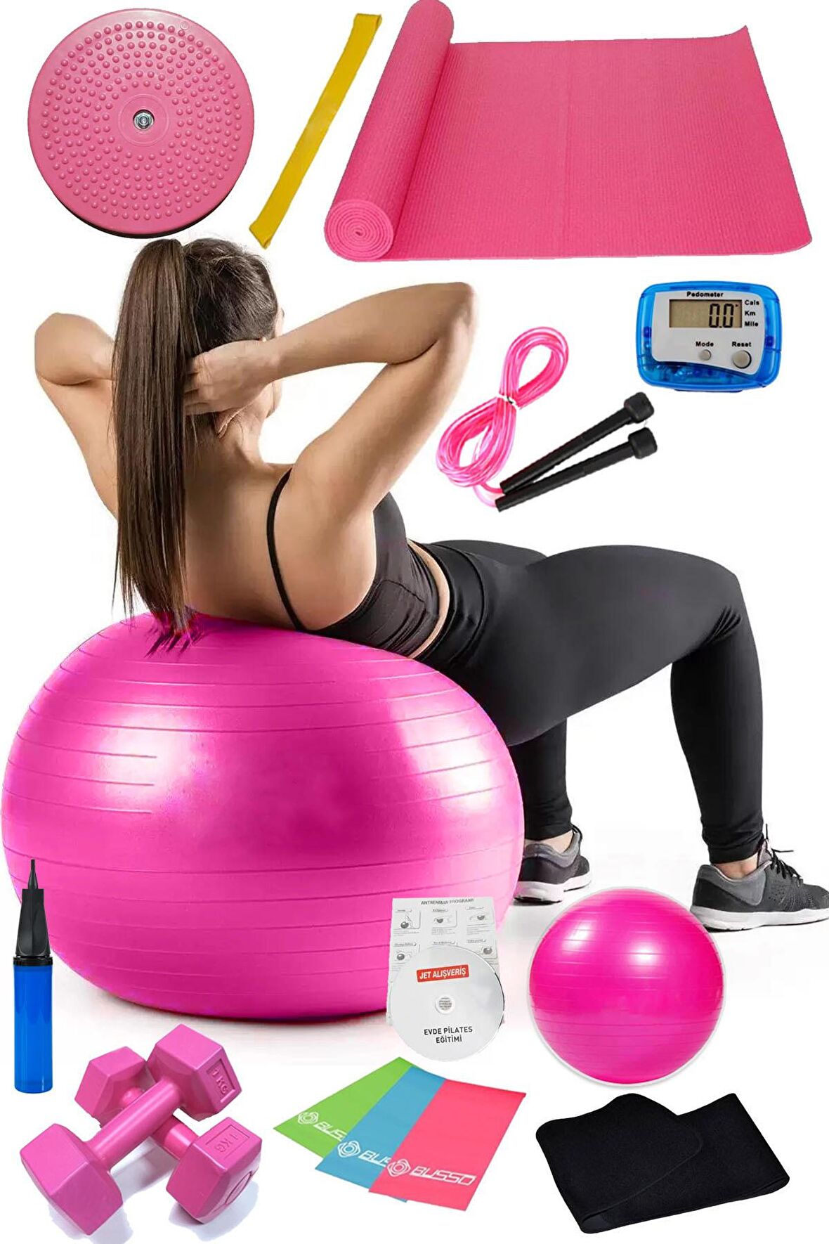 15 Li Pilates Seti Topu Pilates Bandı Dambıl Minder Atlama Ipi Twister Aerobik Kemer Adımsayar Pembe
