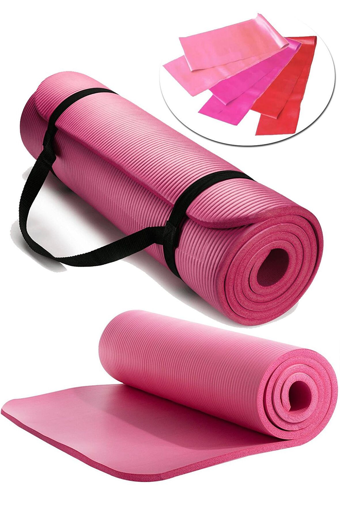 15 mm Sırtta Taşıma Askılı Pilates Minderi Matı 1.5 Cm Pilates, 3 Lü Pilates Bandı Lastiği Seti